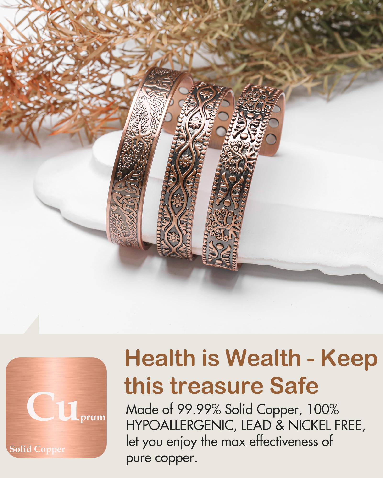 Feraco bracelet cuivre hypoallergenique sans plomb et sans nickel, peau sensible.