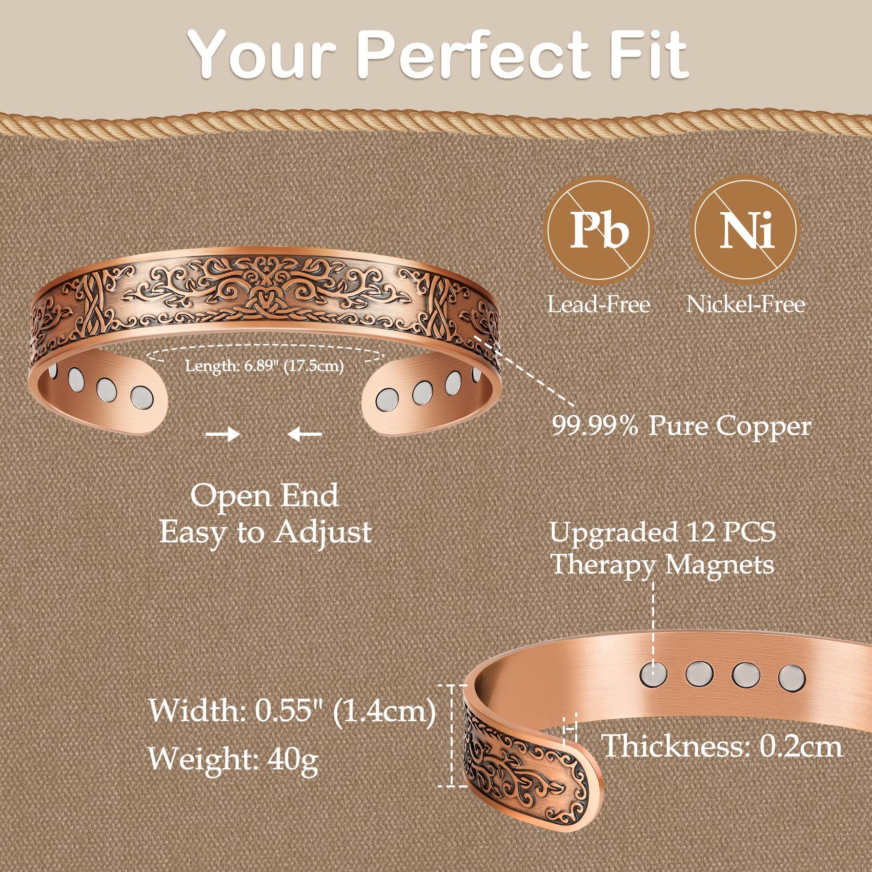 Feraco bracelet cuivre longueur 17,5 cm et largeur 1,5 cm.