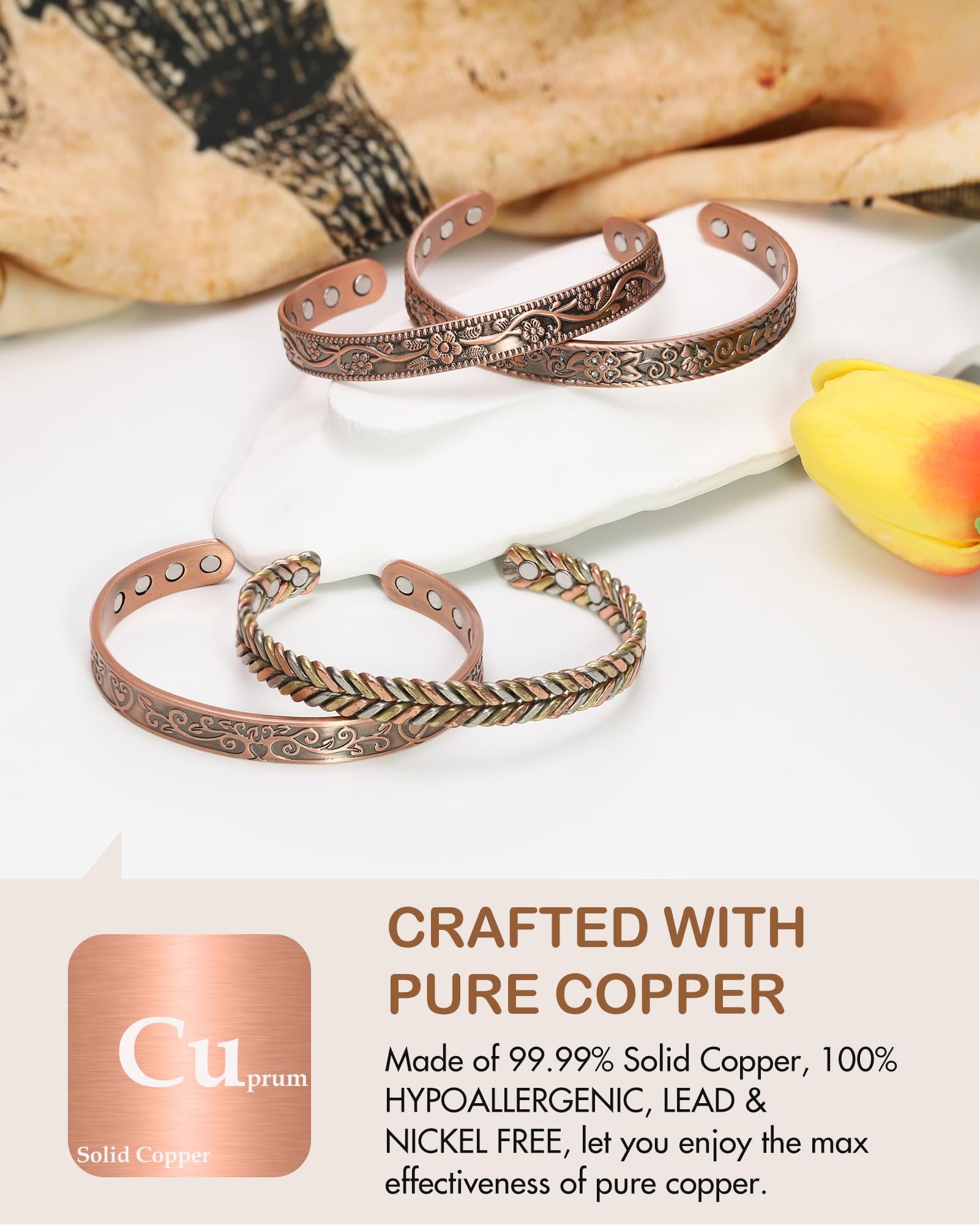 Feraco bracelet cuivre magnétique, design léger et chic pour toutes les occasions.