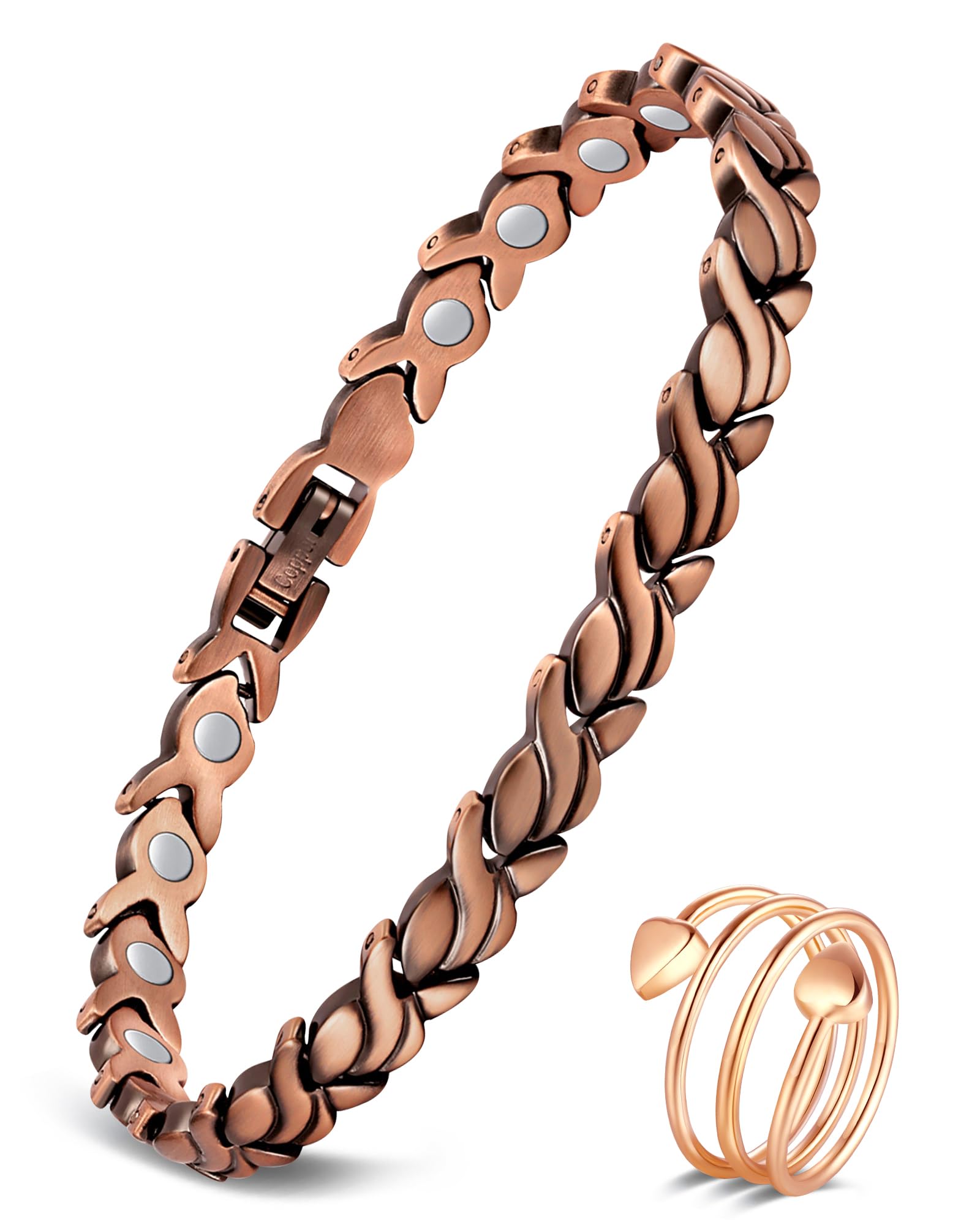 Feraco bracelet cuivre magnétique Fishtail vu au poignet, chic et confortable.