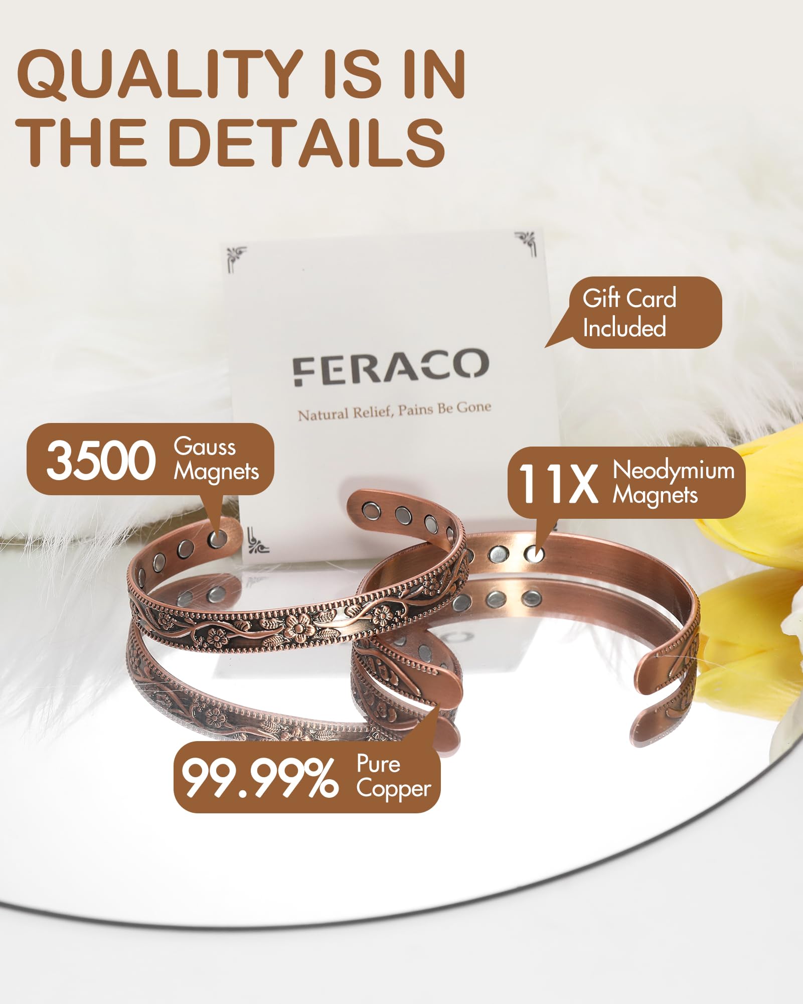 Bracelet Feraco cuivre magnétique avec motif fleurs de prune, élégance quotidienne.