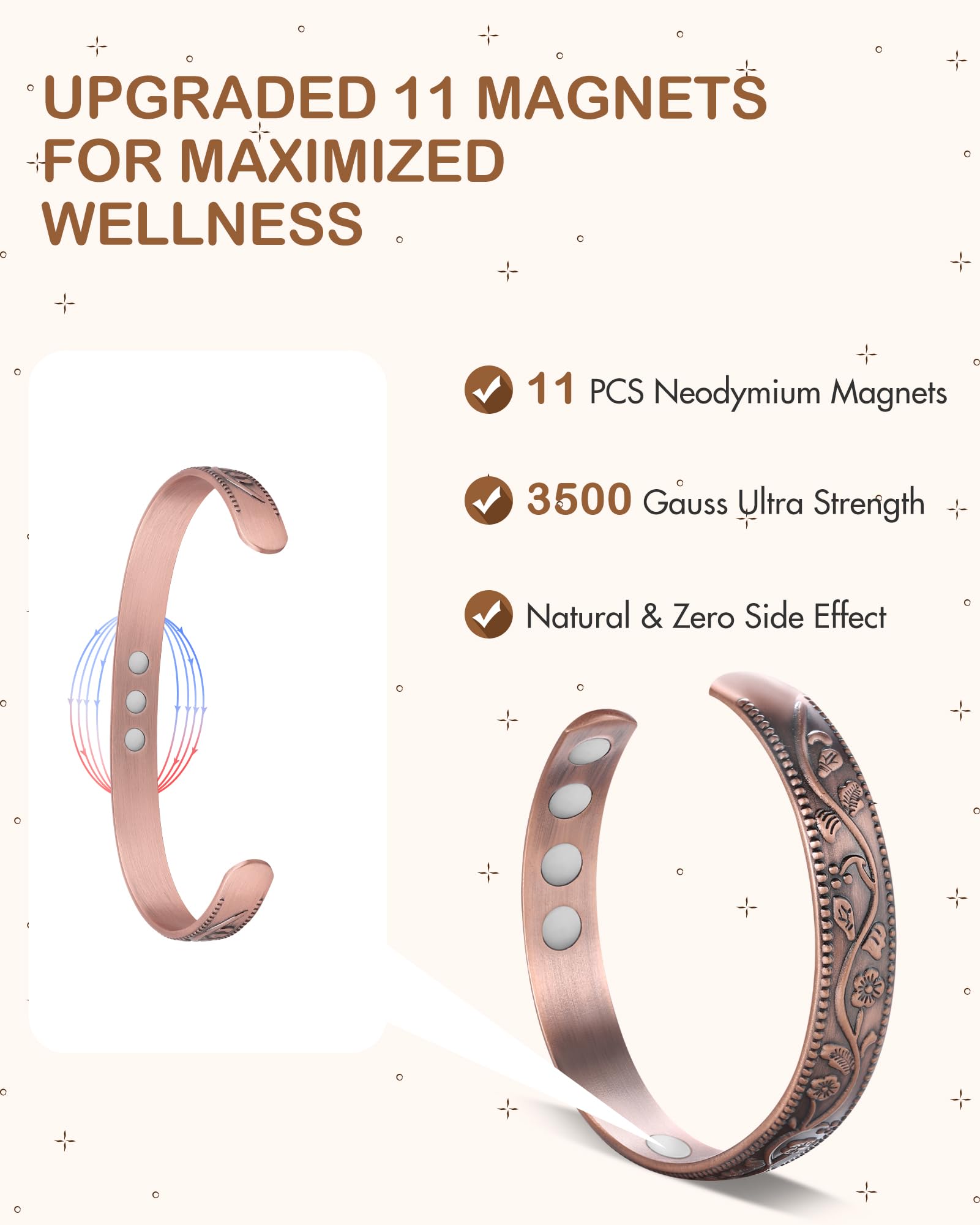 Feraco bracelet cuivre magnétique, ouverture ajustable pour poignet confortable.
