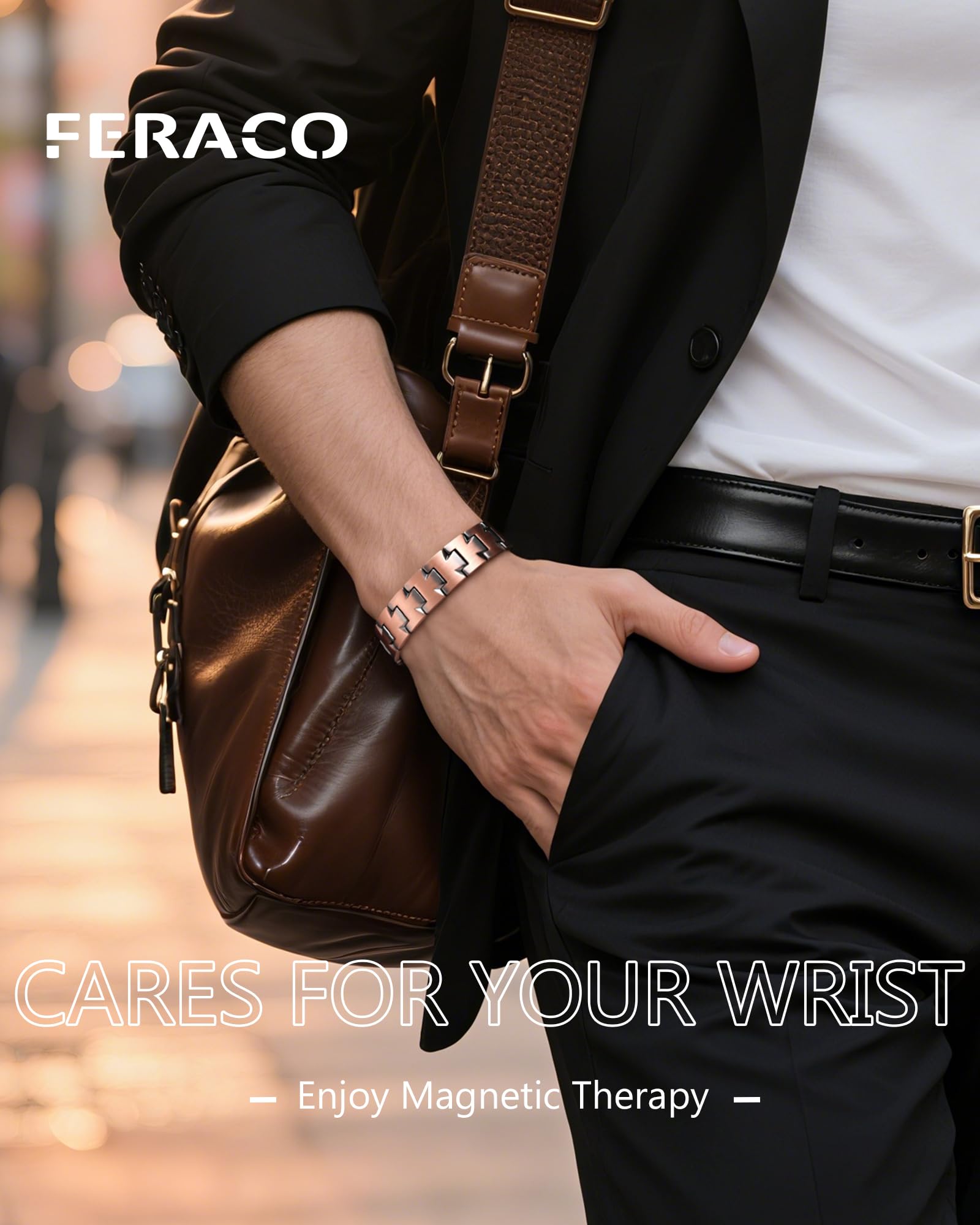 Motif en forme de T sur le bracelet Feraco cuivre pour un look unique.