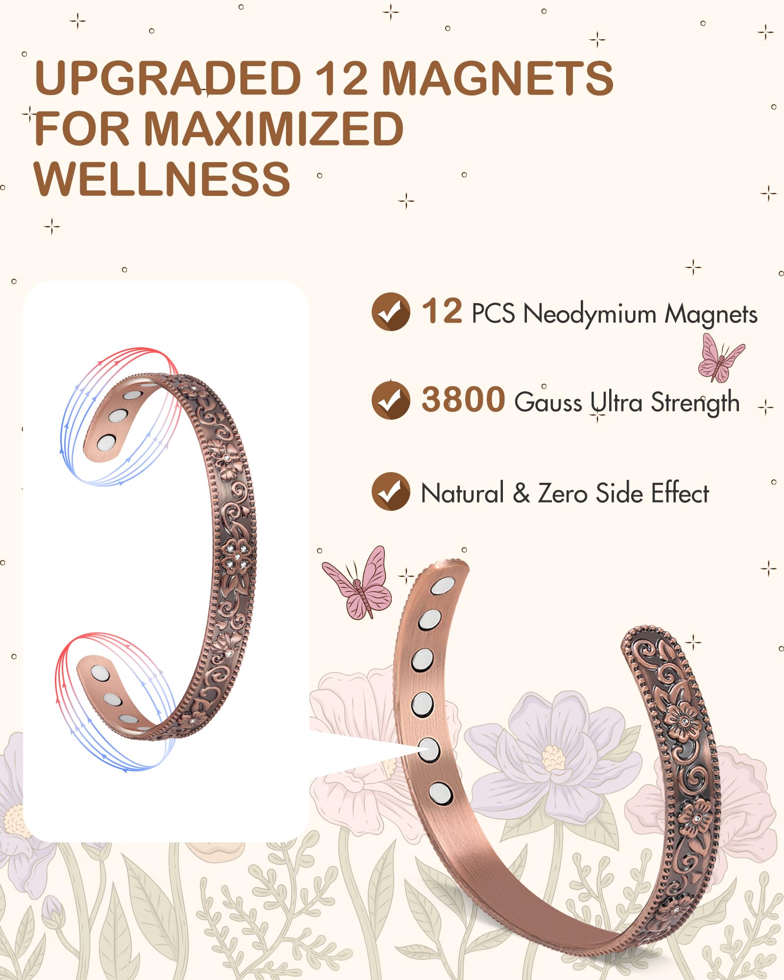 Feraco bracelet cuivre, fermeture ouverte et réglable pour ajustement facile