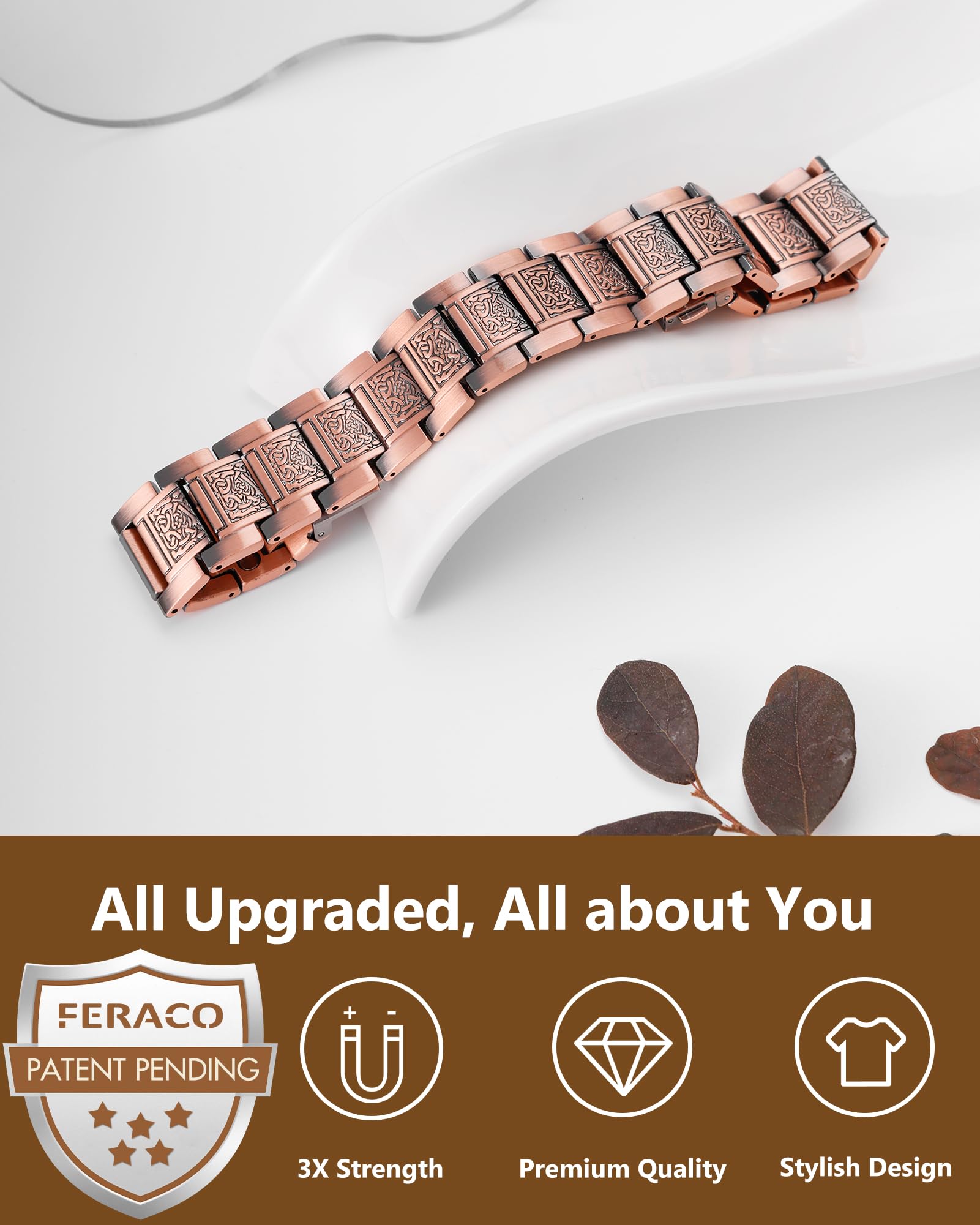 Feraco bracelet cuivre, poids 121 g, impression de qualité et solidité.