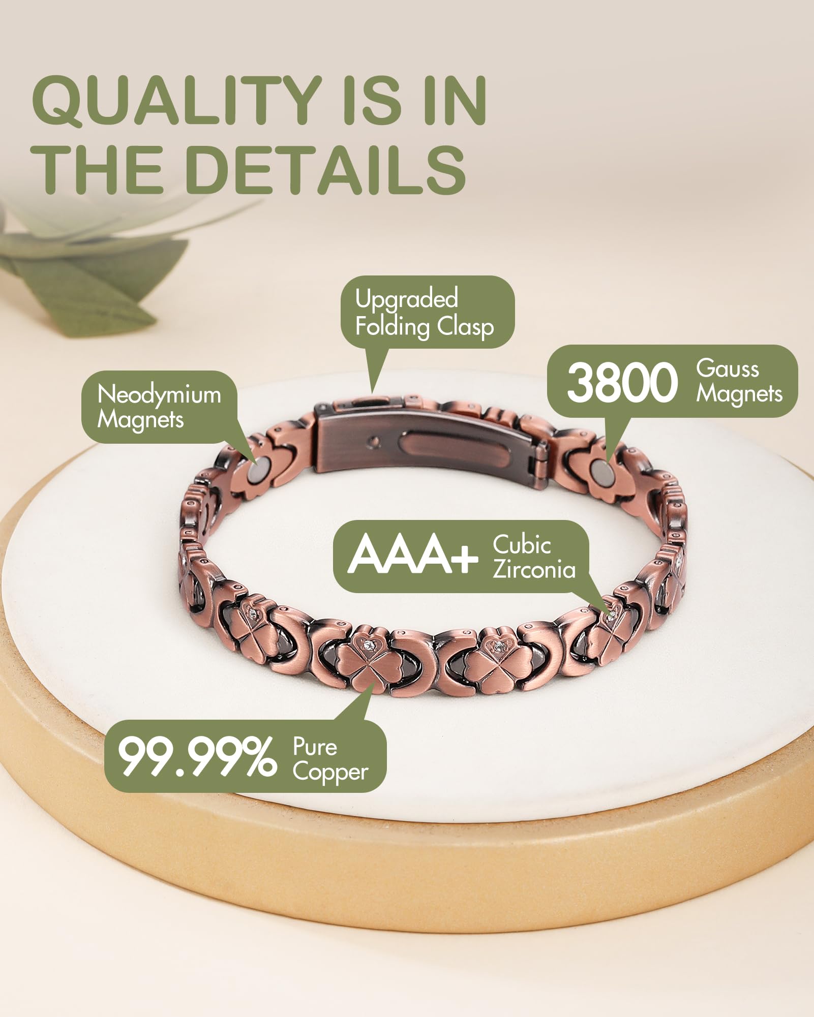 Feraco bracelet cuivre pur avec fermeture pliable, mise en place rapide et sécurisée.