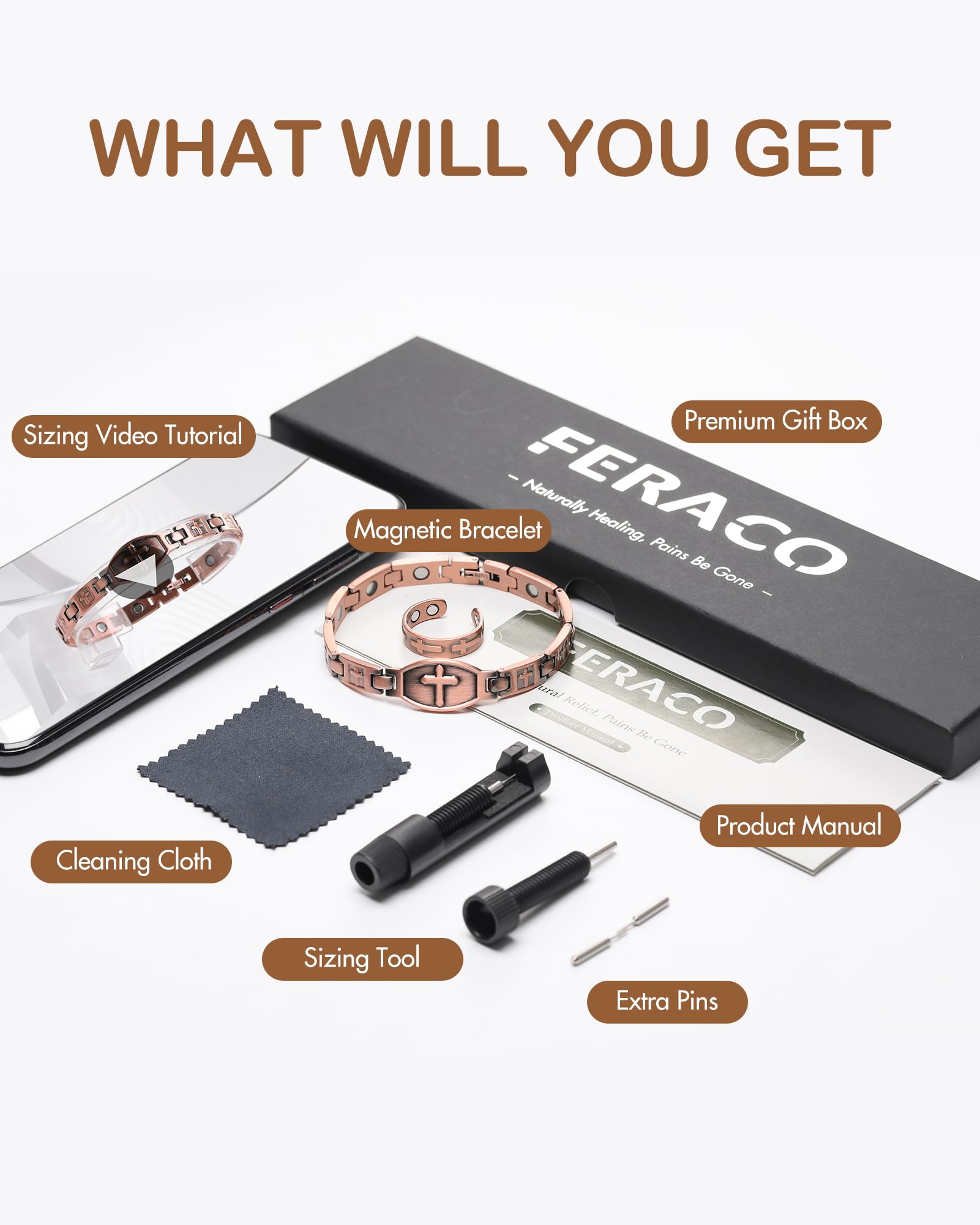 Feraco bracelet cuivre taille reglable, ajustement facile avec outil inclus.