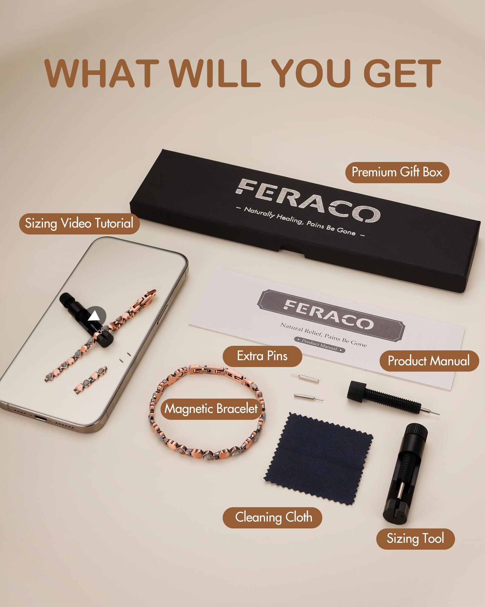 Feraco bracelet hypoallergénique cuivre pur – sans plomb ni nickel.