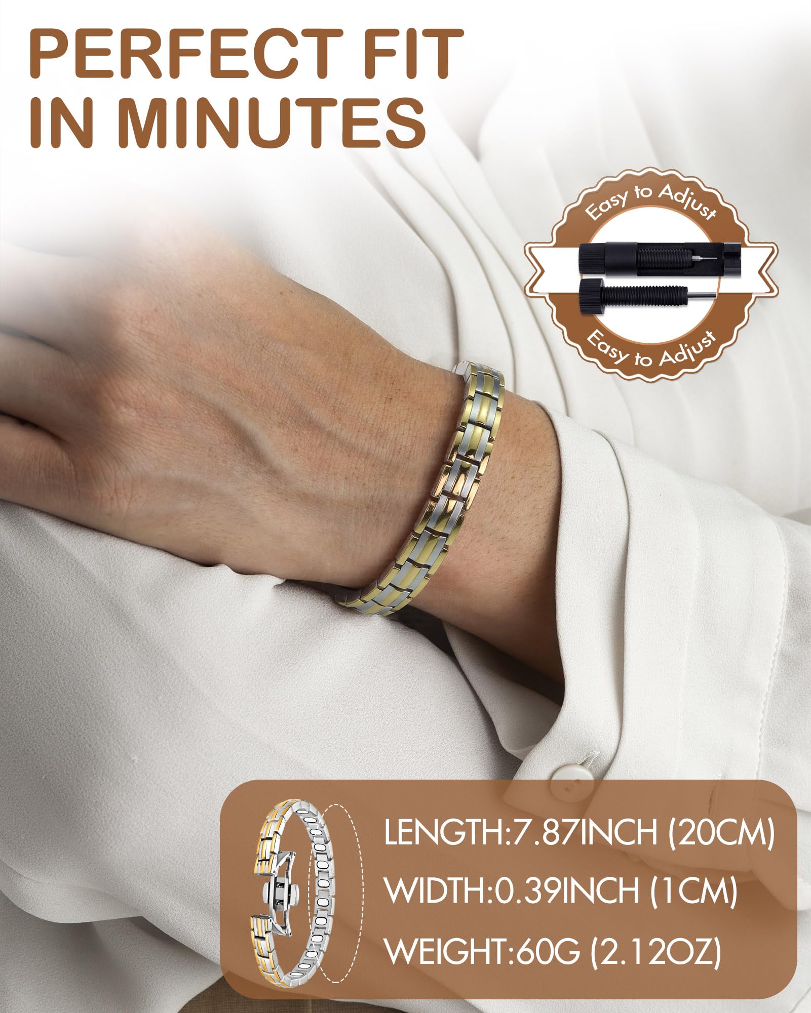 Feraco bracelet leger et confort, porté toute la journée.