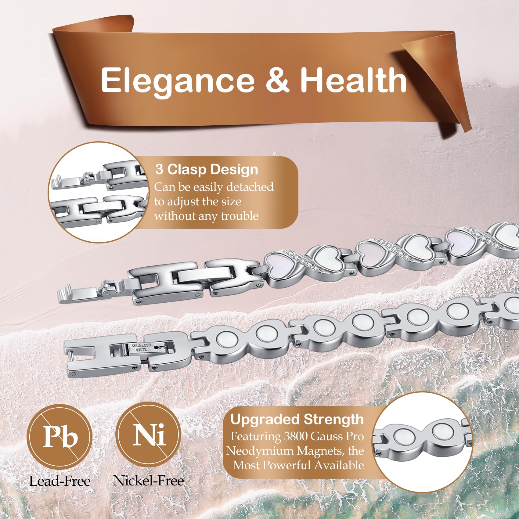 Feraco bracelet magnétique en acier chirurgical, résistant et hypoallergénique.