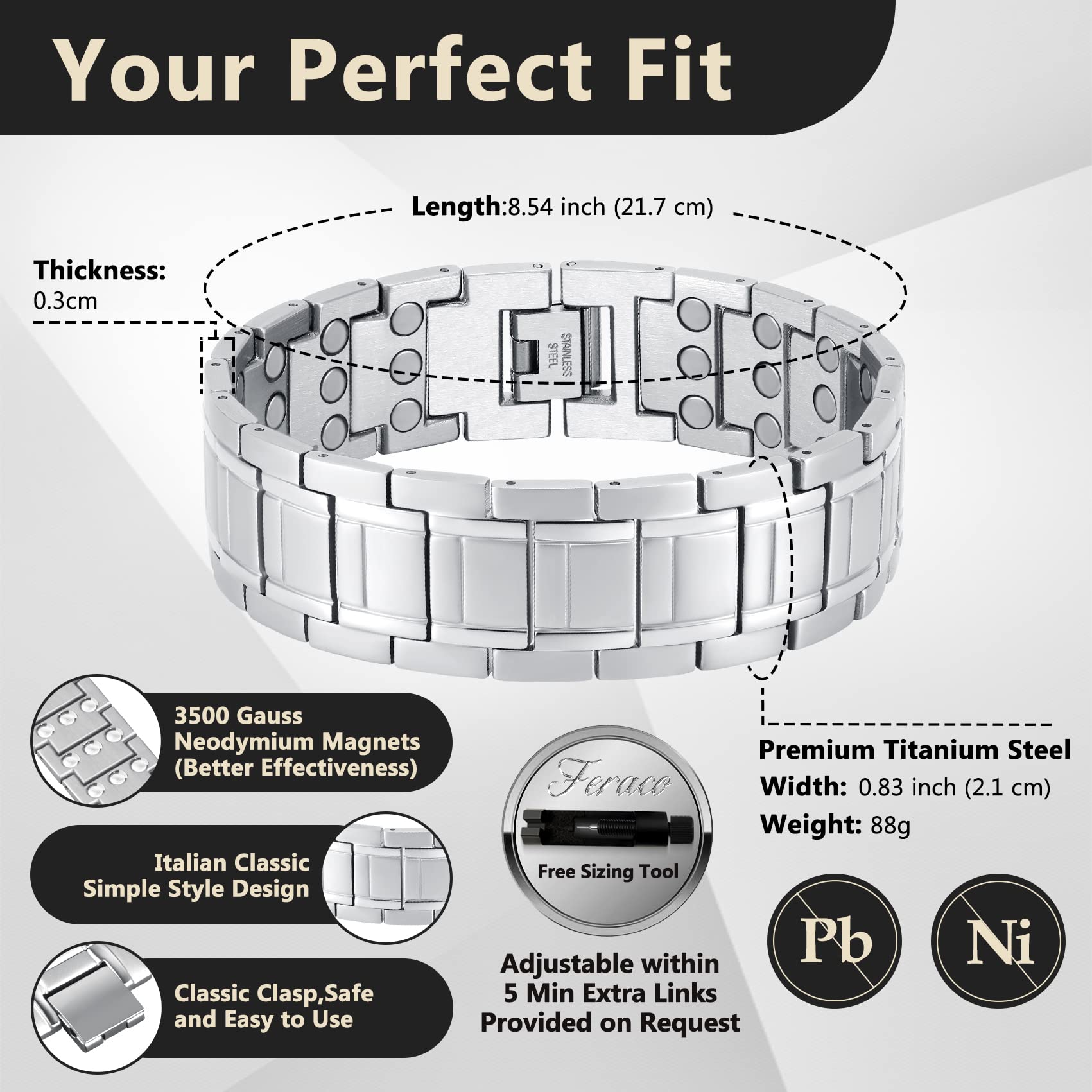 Feraco bracelet magnétique en acier titane premium, hypoallergénique et léger.