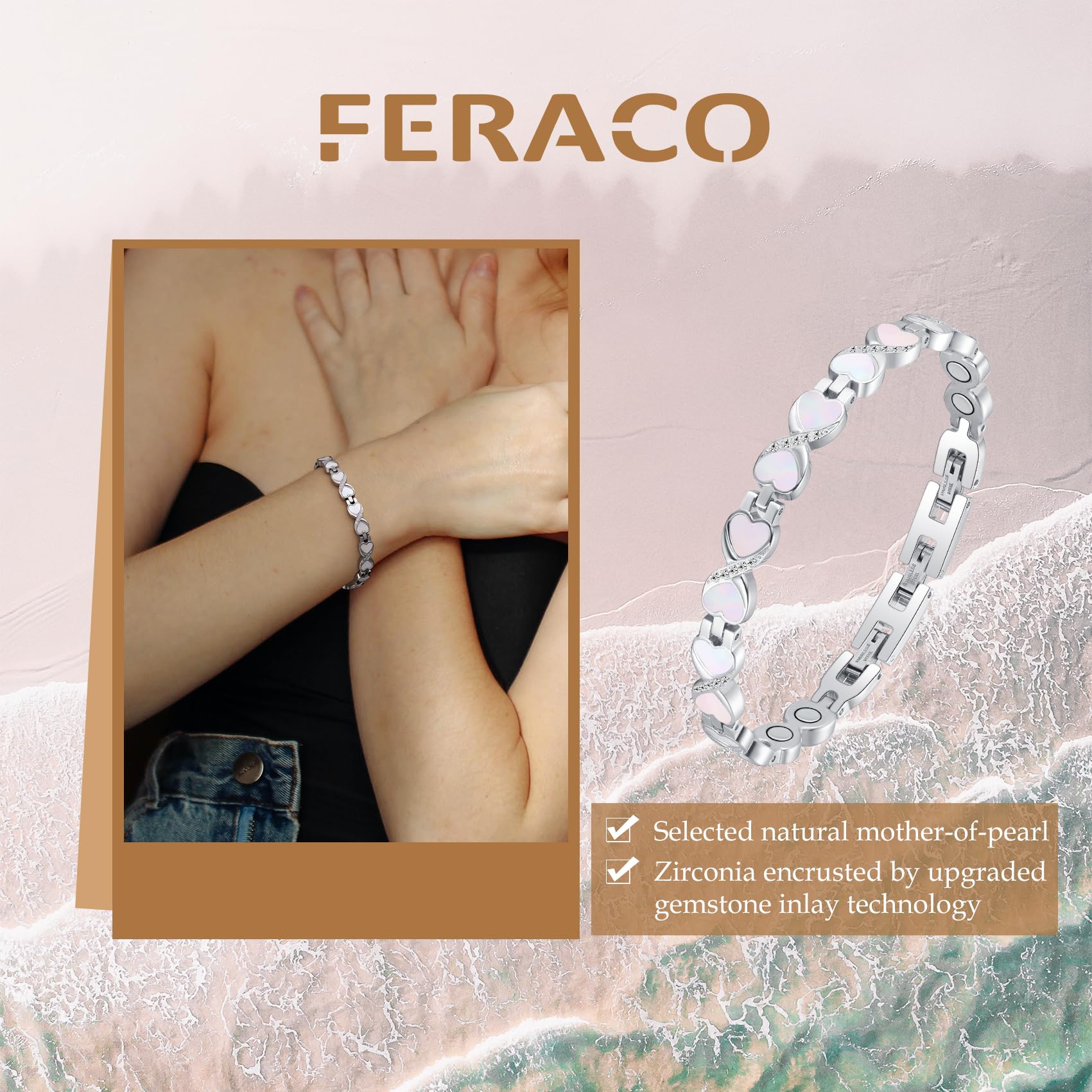 Feraco bracelet magnétique ajustable avec outil de dimensionnement inclus.