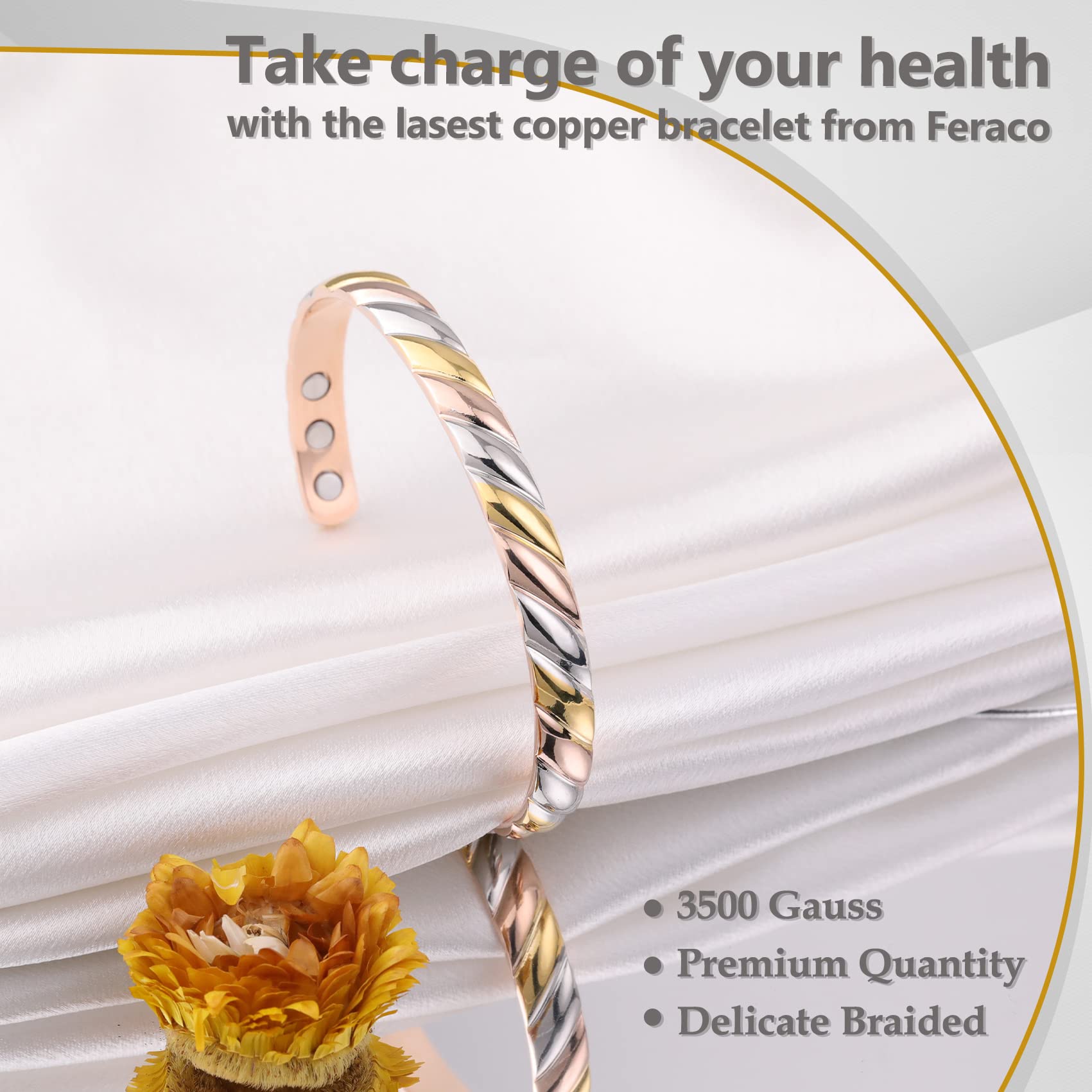 Feraco bracelet magnétique cuivre, porté avec montre, harmonie féminine et discrète.