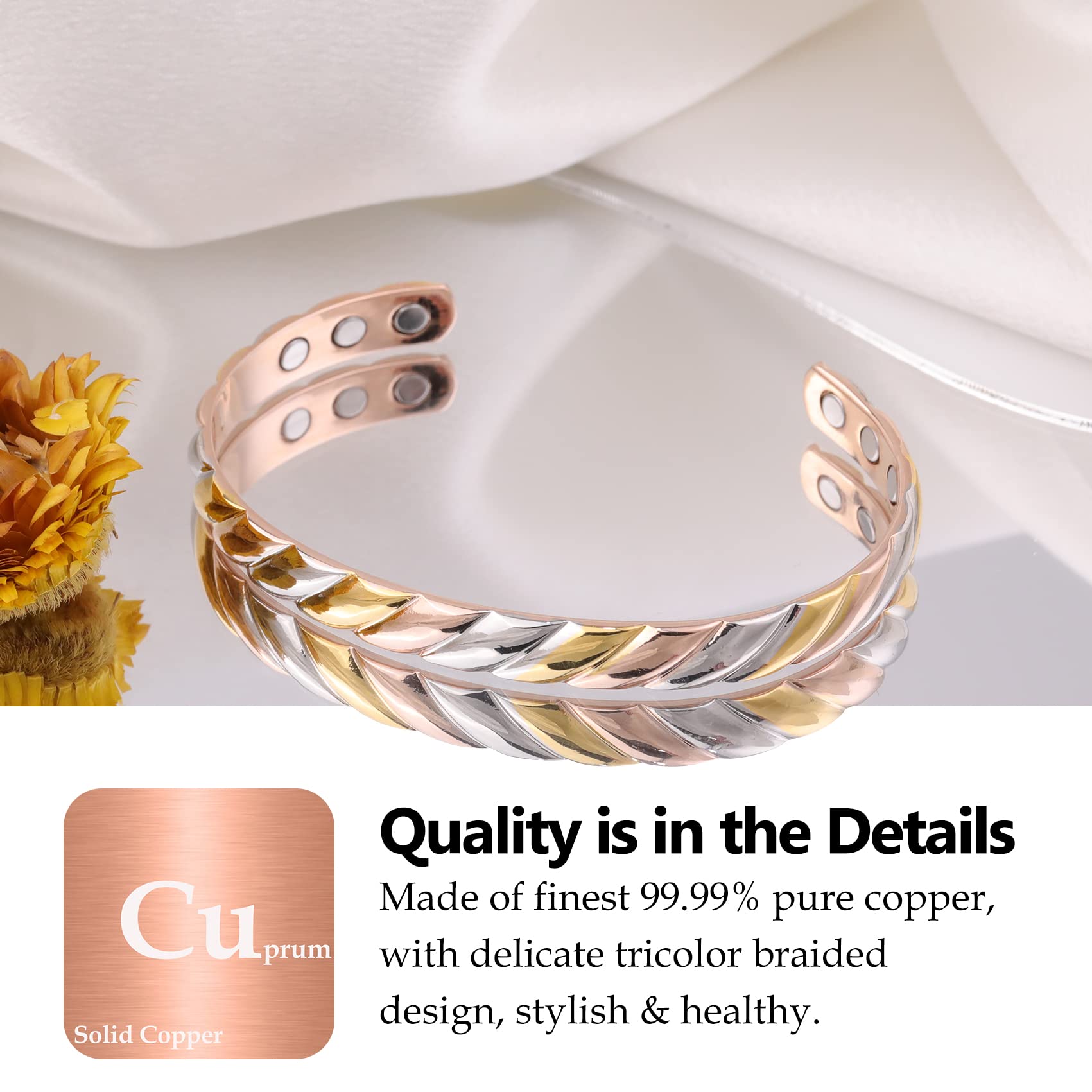 Feraco bracelet magnétique cuivre pur, gros plan sur le matériau 99,99% et hypoallergénique.
