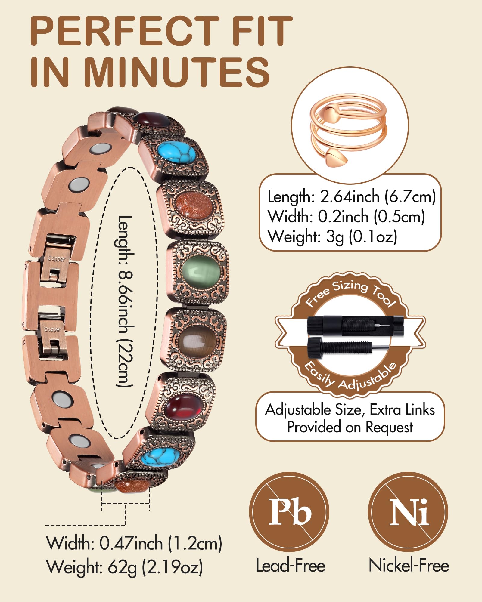 Feraco bracelet magnétique ajustable pour poignet confort sur mesure.
