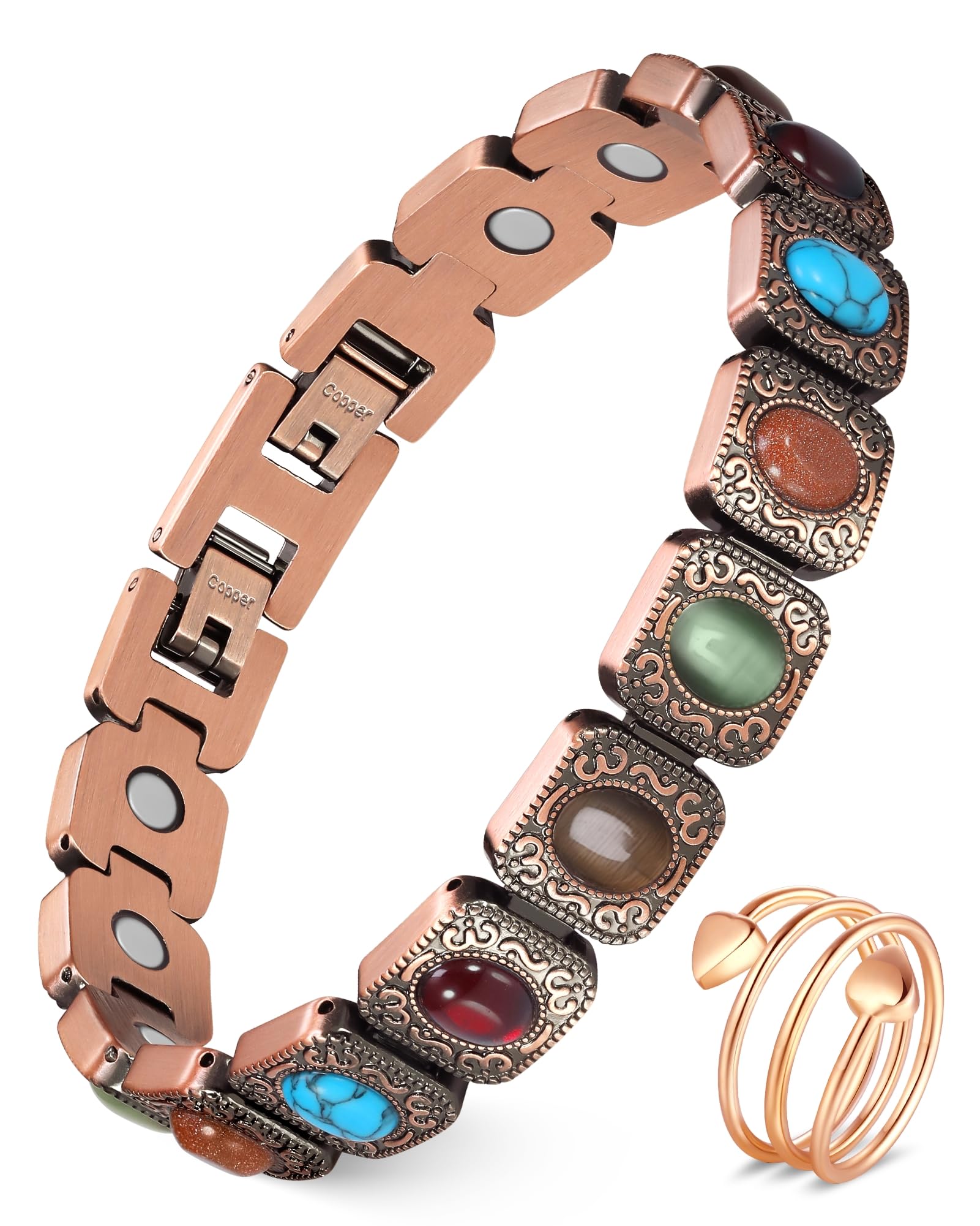 Feraco bracelet magnétique en cuivre pur avec turquoise naturelle pour un look élégant.