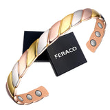 Feraco bracelet magnétique en cuivre, vue détail tresse tri-ton, allure élégante et polyvalente.
