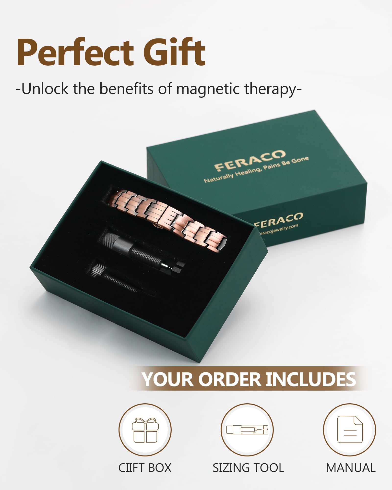 Guide de taille inclus pour régler facilement le Feraco bracelet.