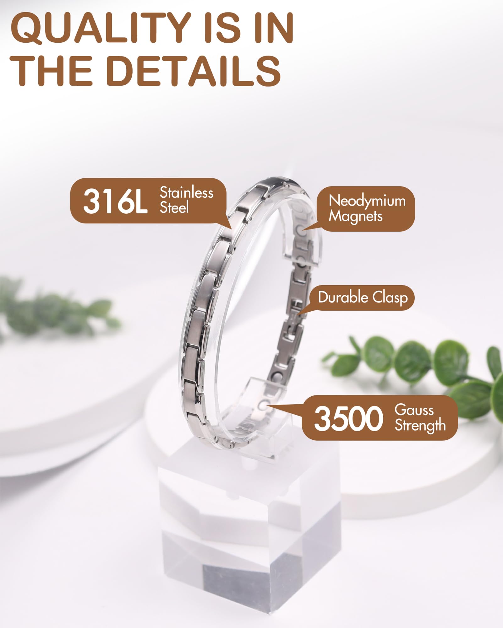 Feraco bracelet magnétique argenté, fermeture solide pour le port quotidien