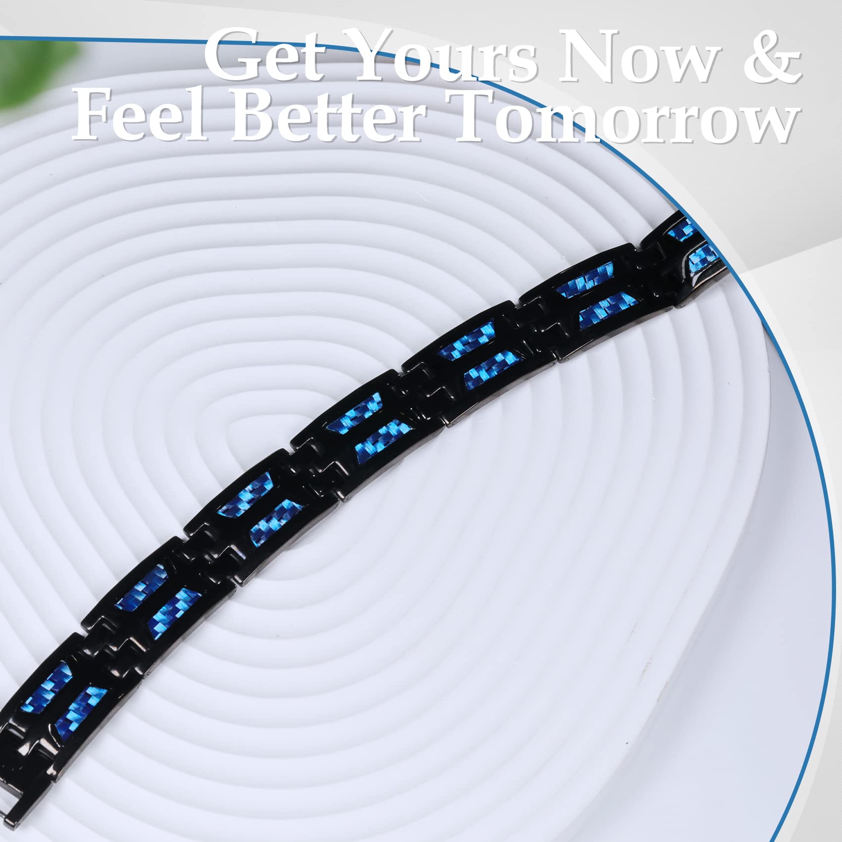 Feraco bracelet magnetique homme, finition acier et accents bleus