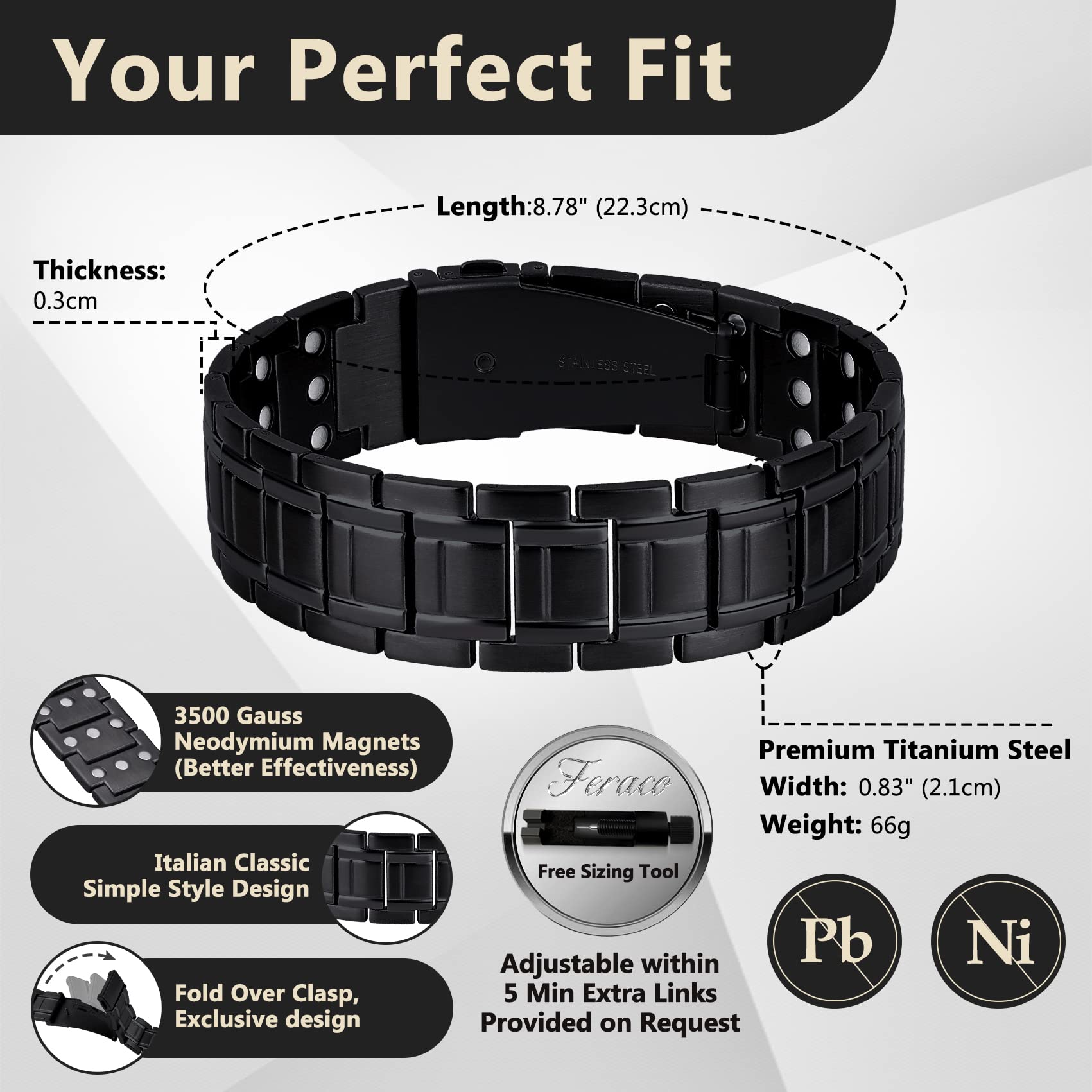 Feraco bracelet magnétique pour homme avec fermeture pliable facile à mettre.