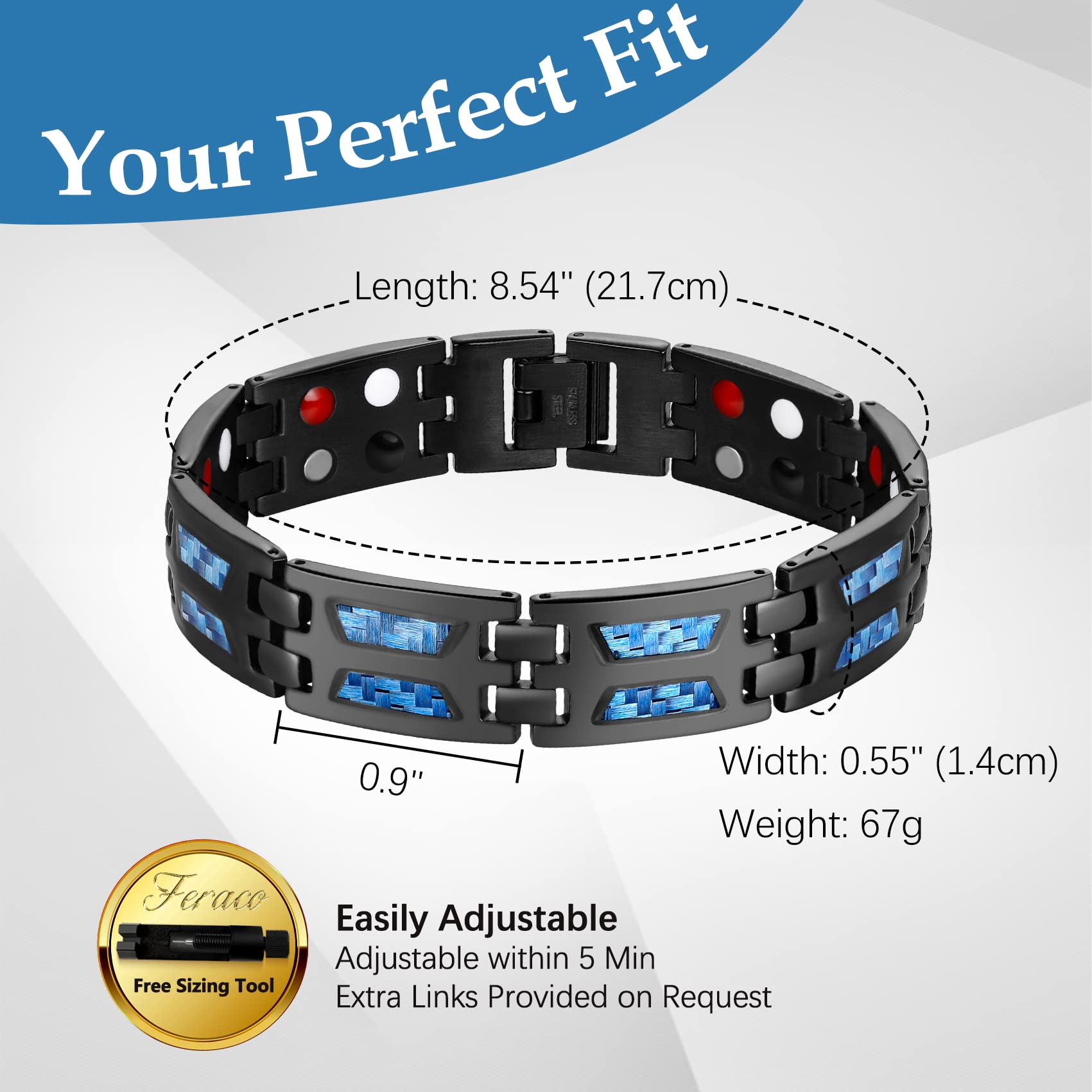 Feraco bracelet magnetique homme, outil d'ajustement inclus, ajustement precis