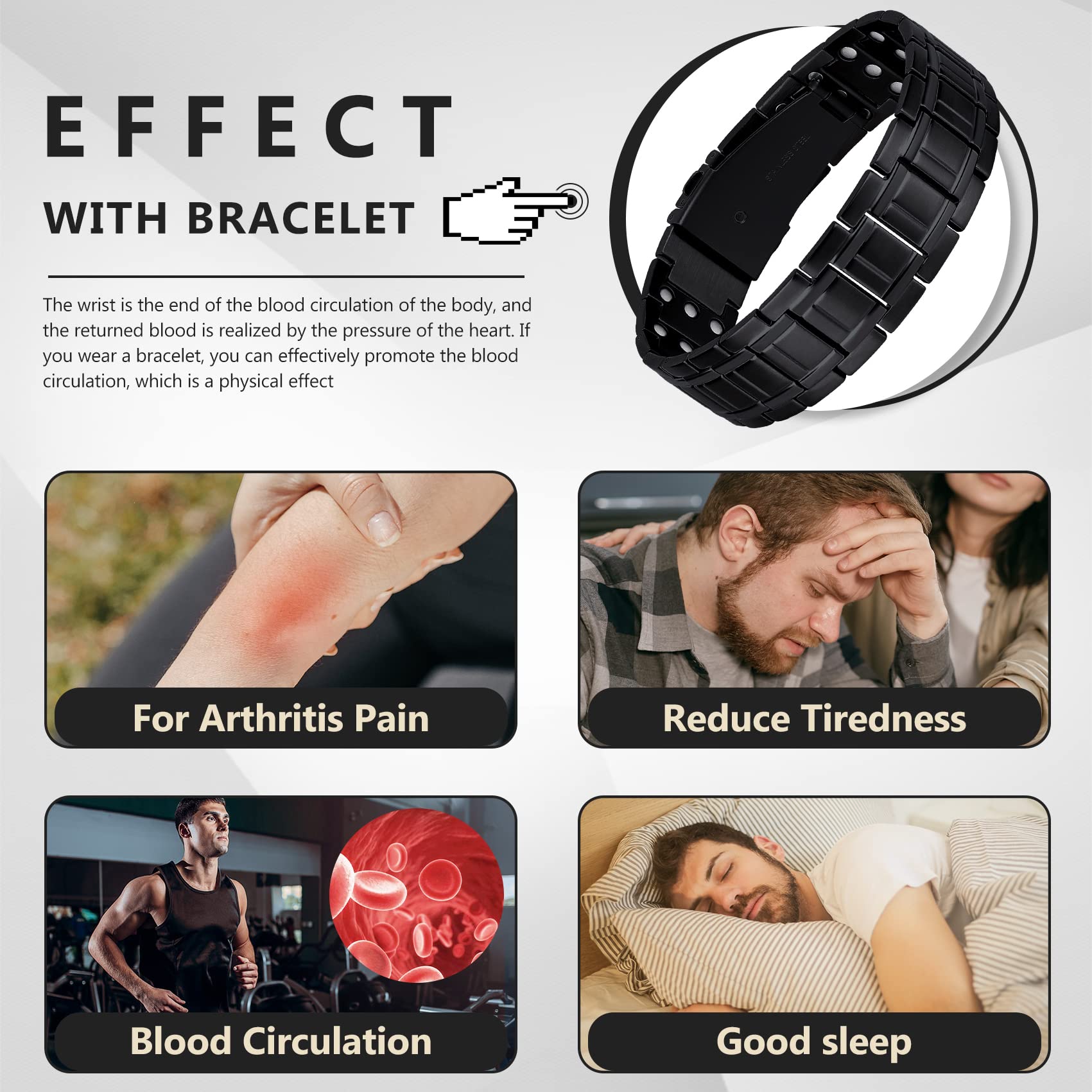 Feraco bracelet magnétique avec réglage en cinq minutes pour un ajustement parfait.