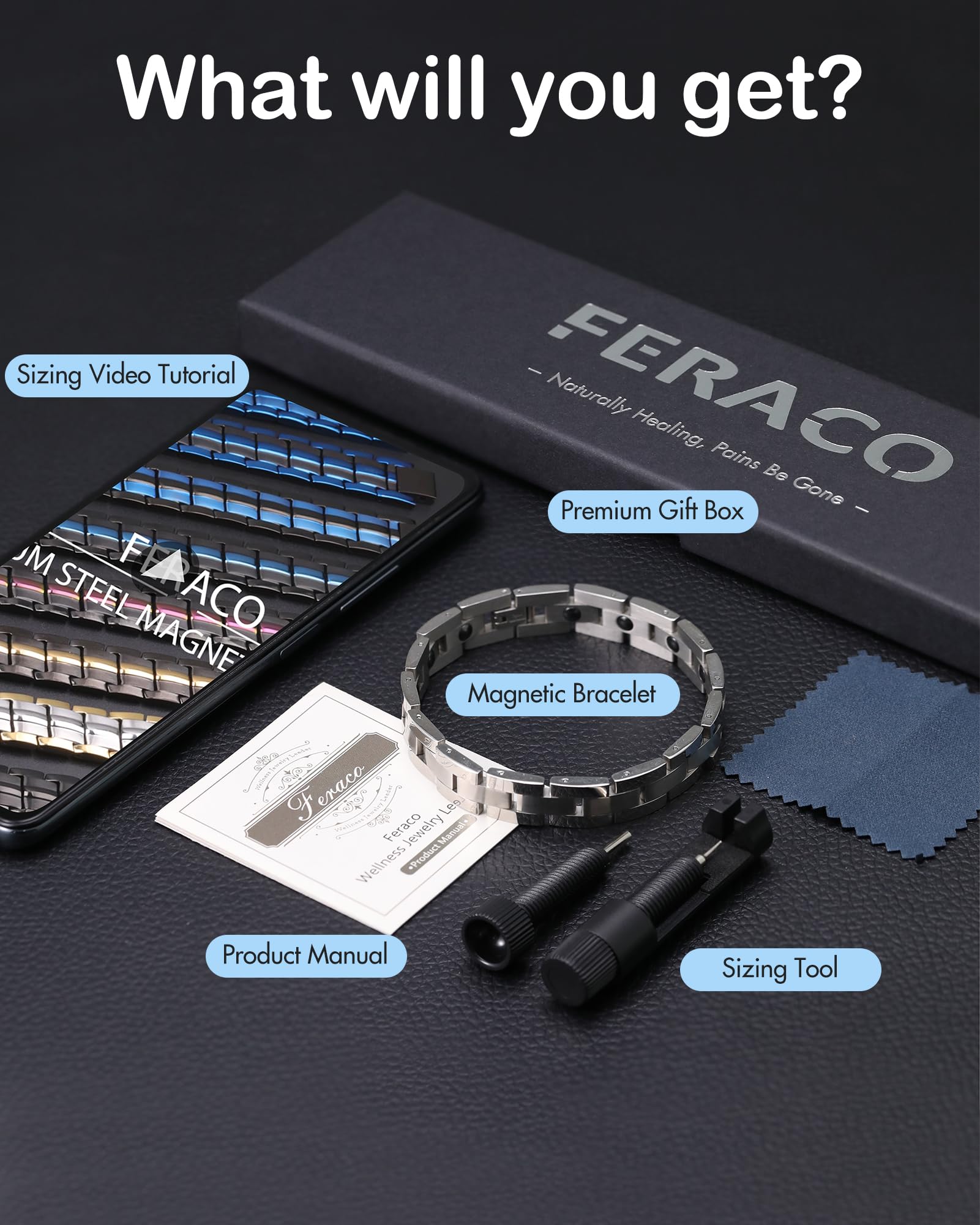 Porté au bureau, le bracelet Feraco complète une tenue professionnelle.