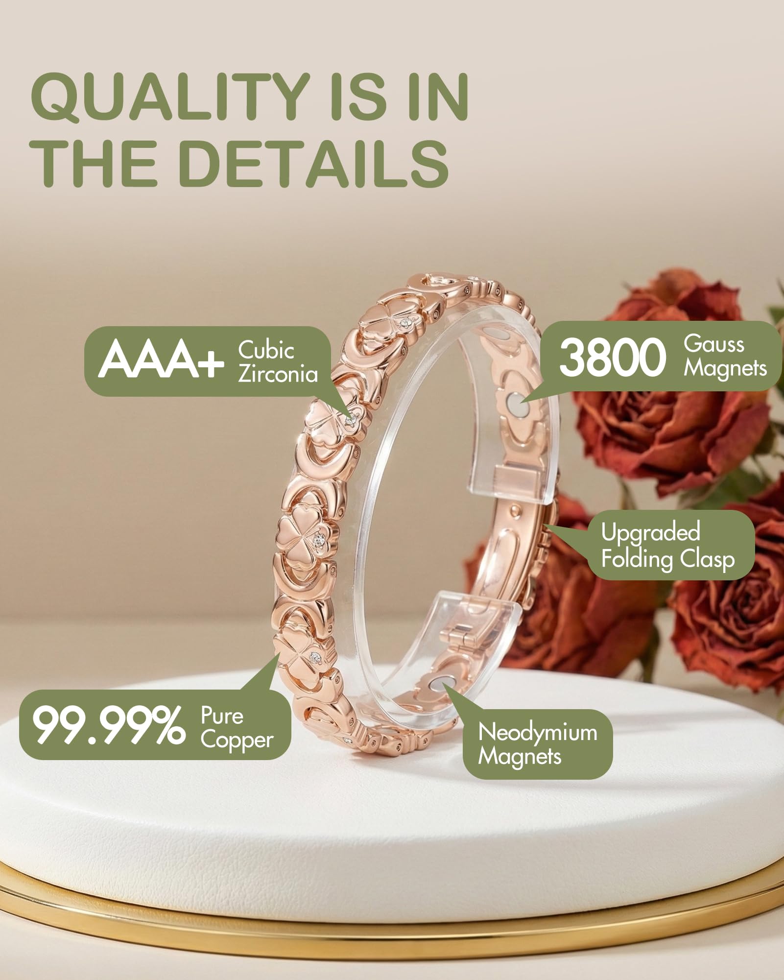 Feraco bracelet magnétique rose-or avec aimants puissants.