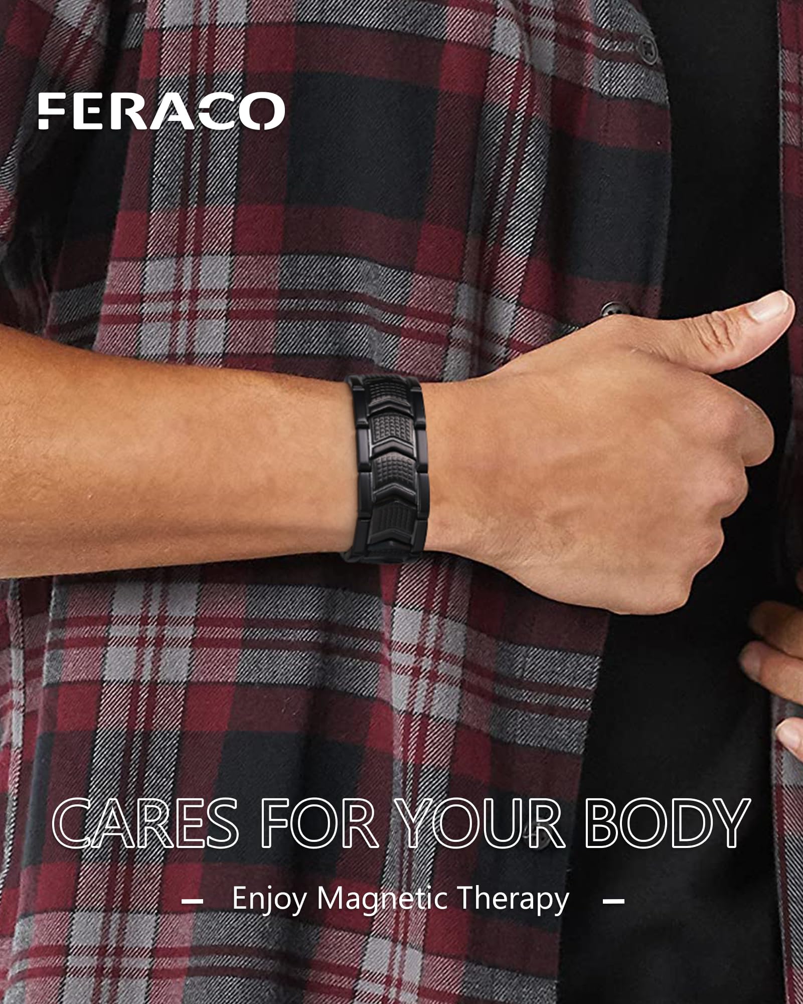 Feraco bracelet magnetique titane acier homme, design robuste et hypoallergenique.