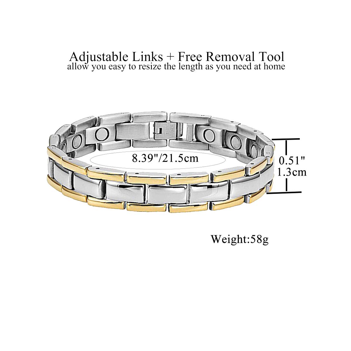 Feraco bracelet magnétique en titane argent et or brillant, matériel hypoallergénique.