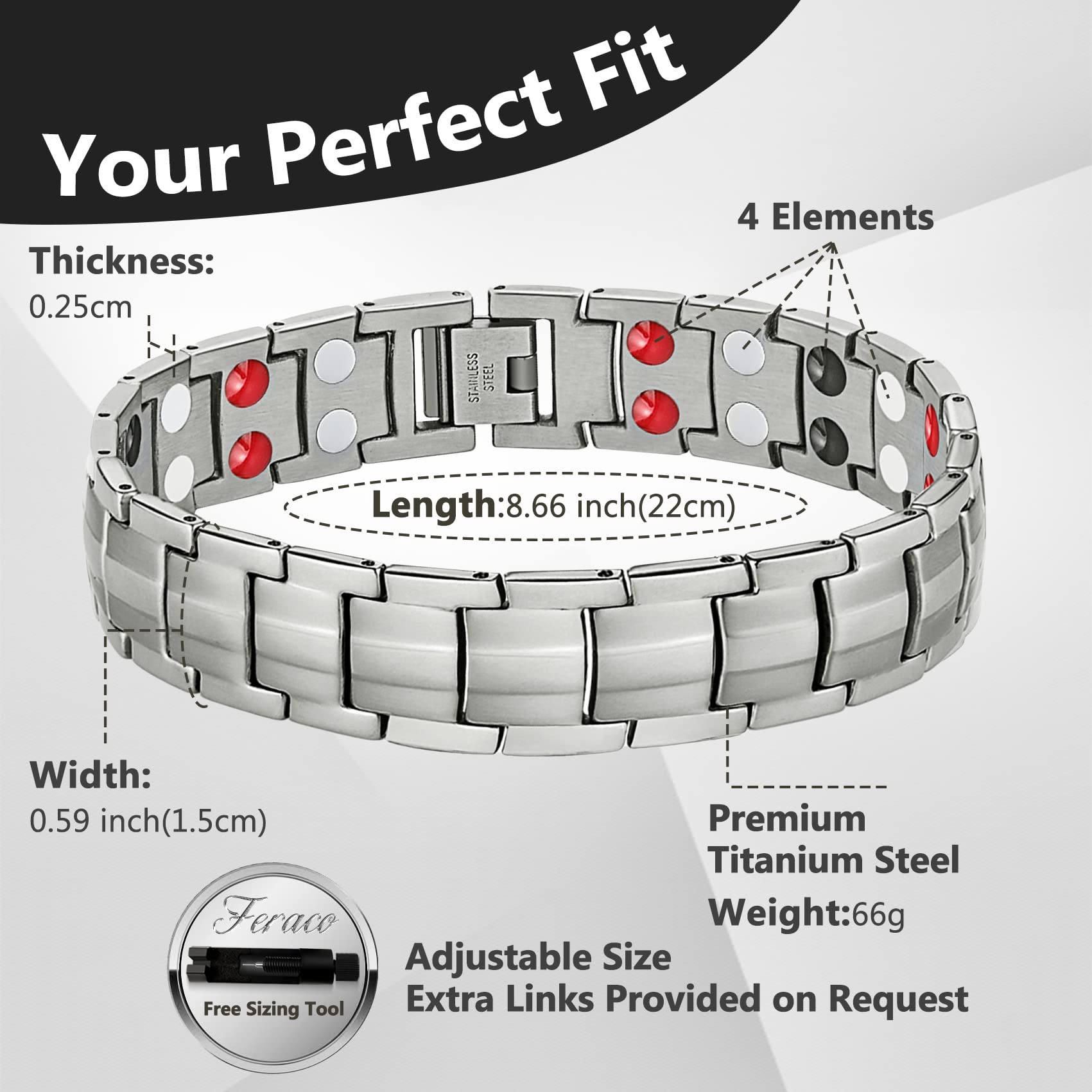Feraco bracelet magnetique titanium fermeture robuste, assurance maintien toute la journée.