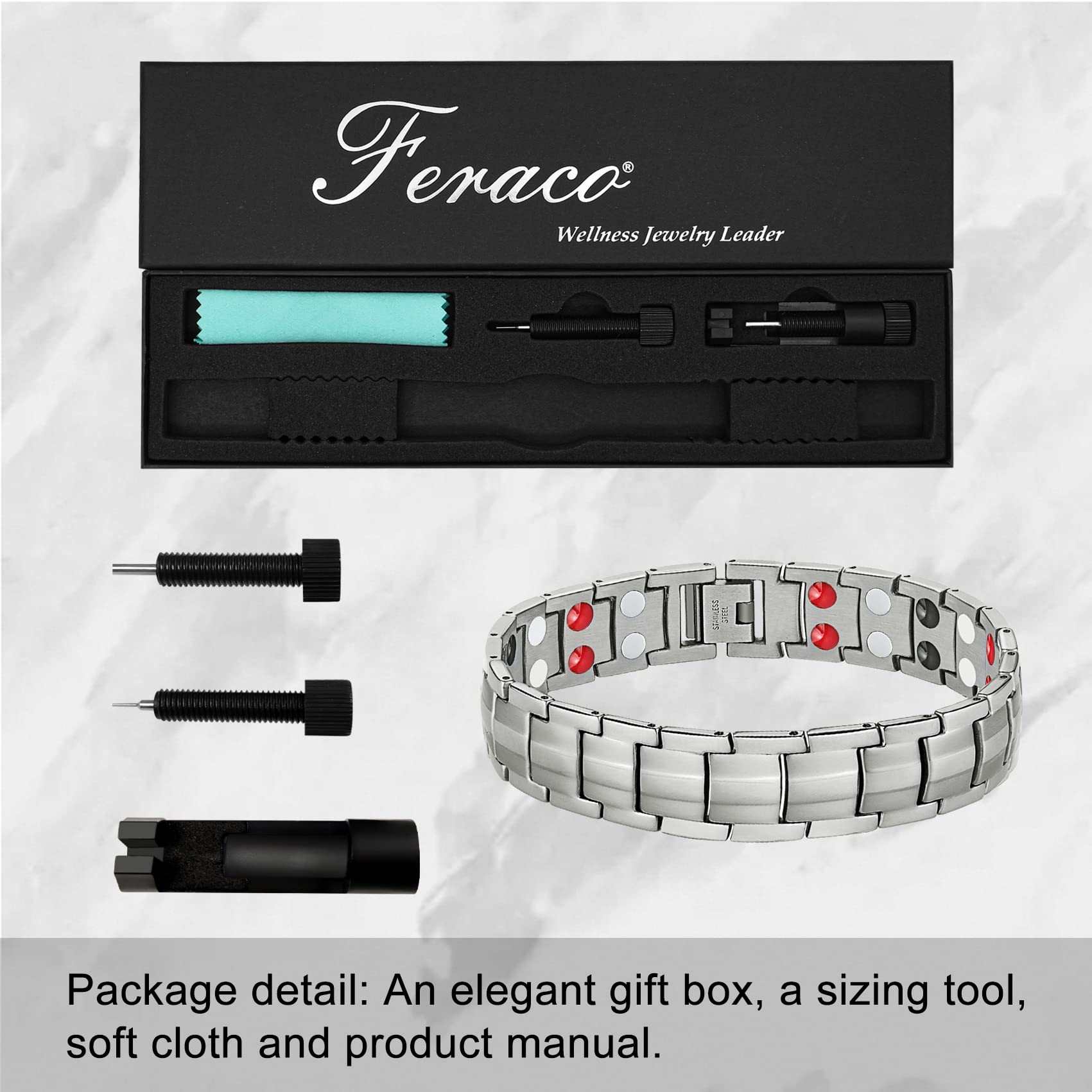 Feraco bracelet magnetique porté au poignet avec montre, allure moderne et discrète.