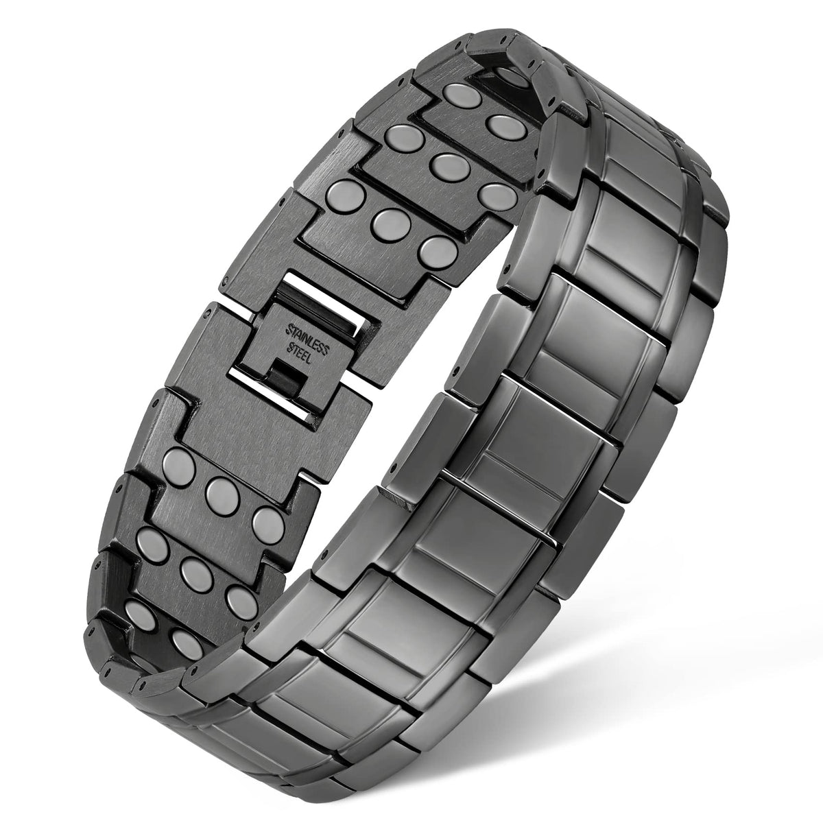 Feraco bracelet magnétique trois rangs gris sur poignet, élégant et discret.