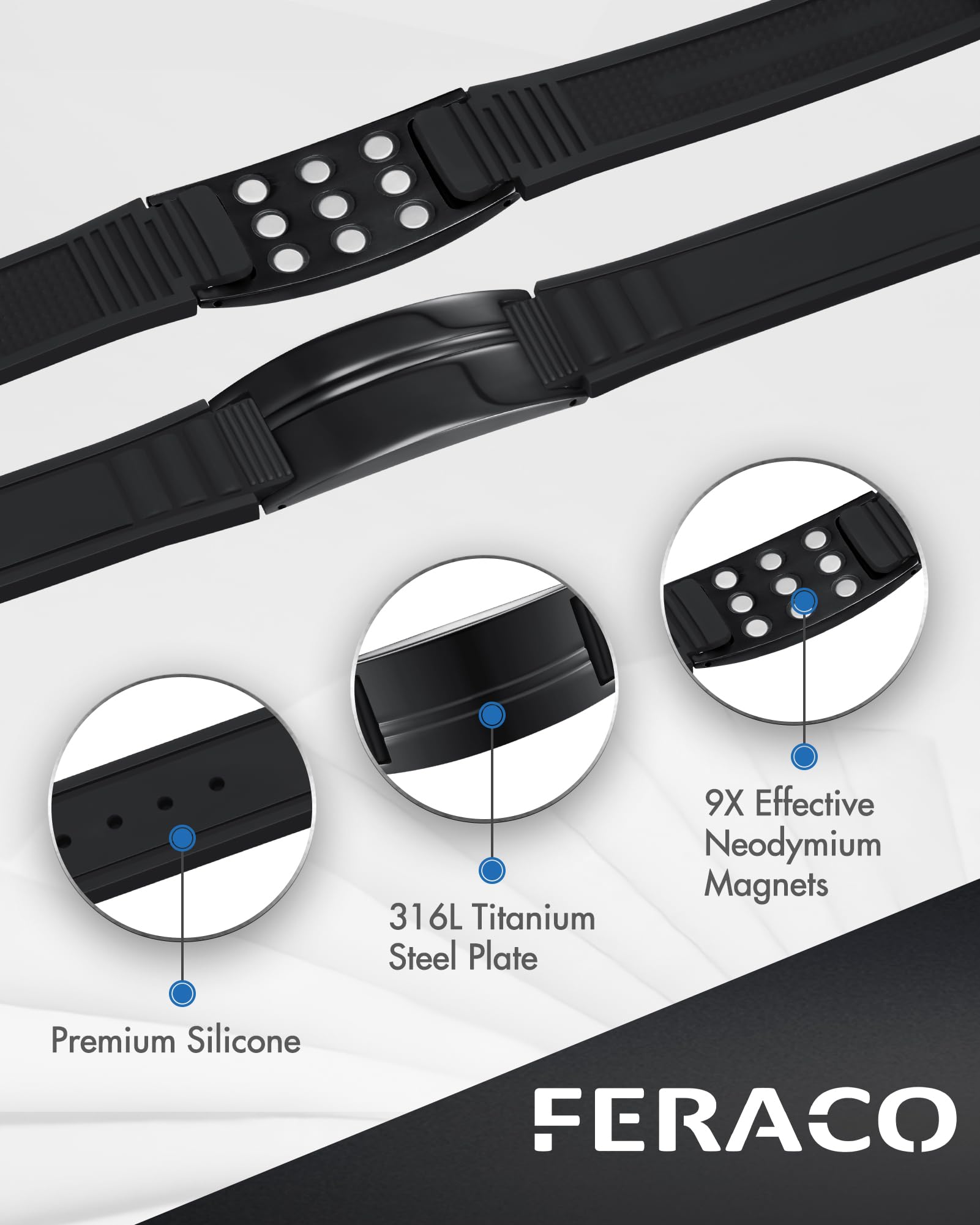 Feraco bracelet silicone premium imperméable, léger et hypoallergénique pour une utilisation sportive.