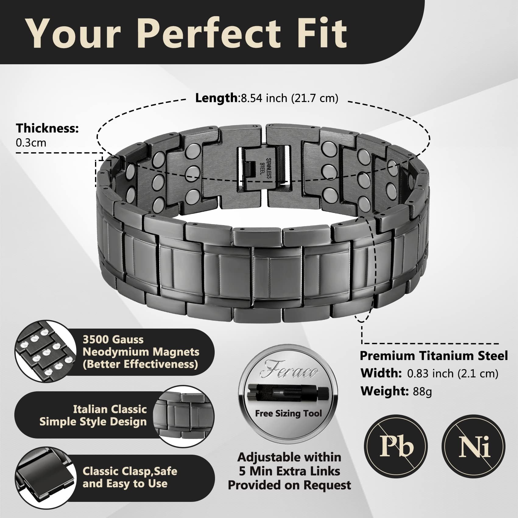 Feraco bracelet en acier-titane médical gris, hypoallergénique et durable.