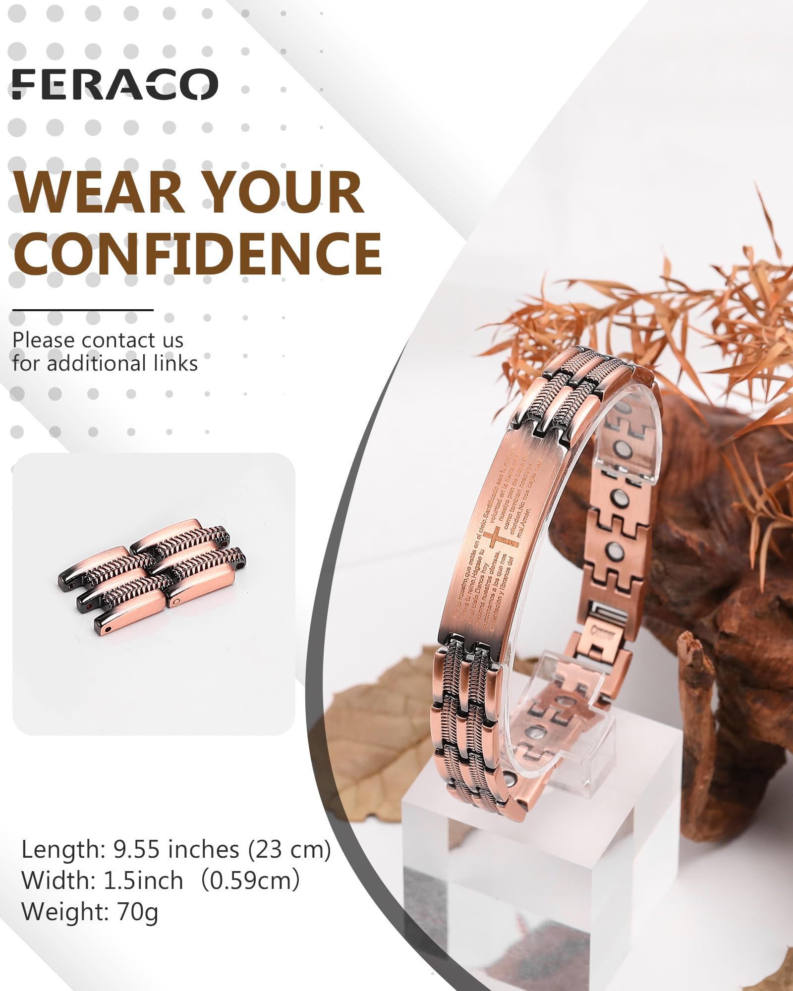 Bracelet Feraco cuivre, poids 70 g et résistance à l’oxydation.