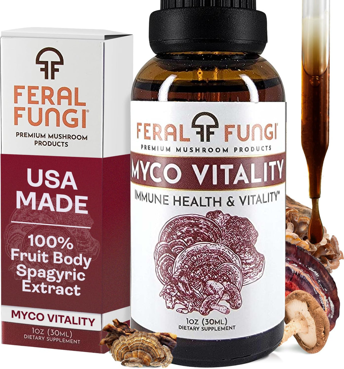 Feral Fungi Myco-Vitalité Tincture, bouteille – facilité dosage et absorption élevée.