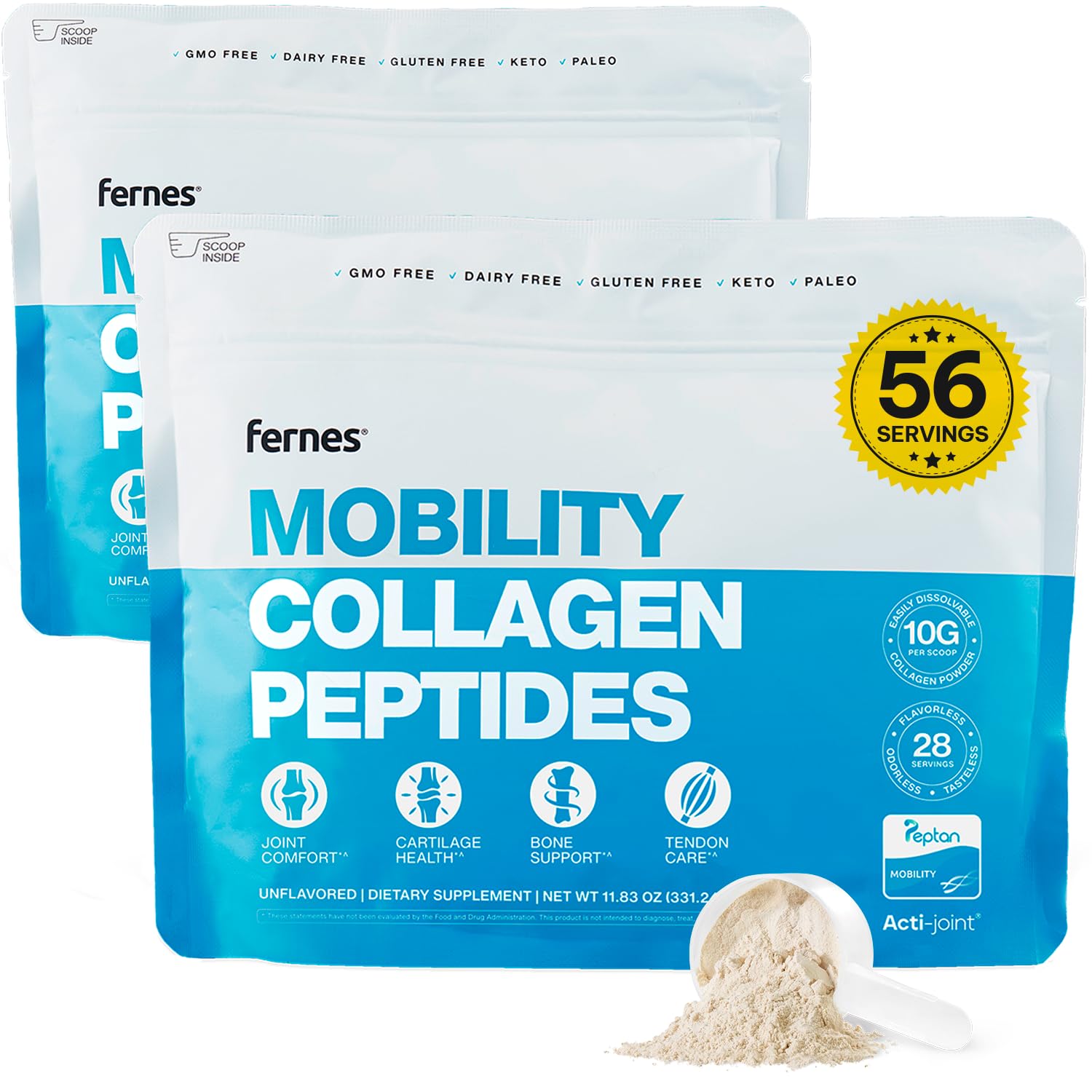 Fernes Mobilité Collagen Poudre emballage visible et base protéique pour la mobilité.