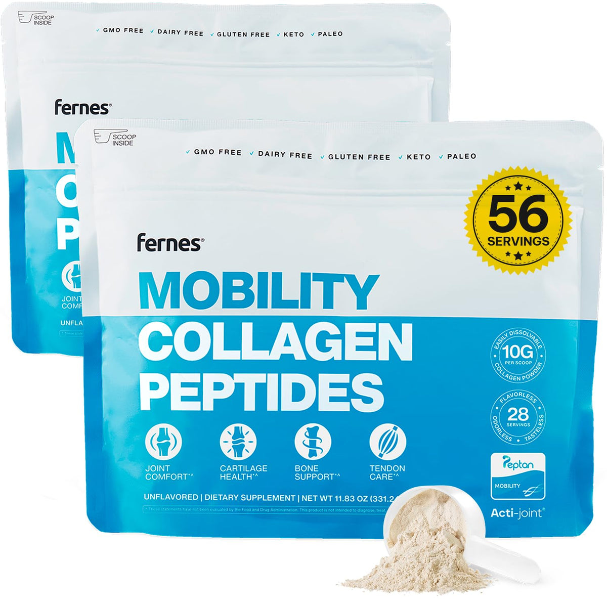 Fernes Mobilité Collagen Poudre emballage visible et base protéique pour la mobilité.