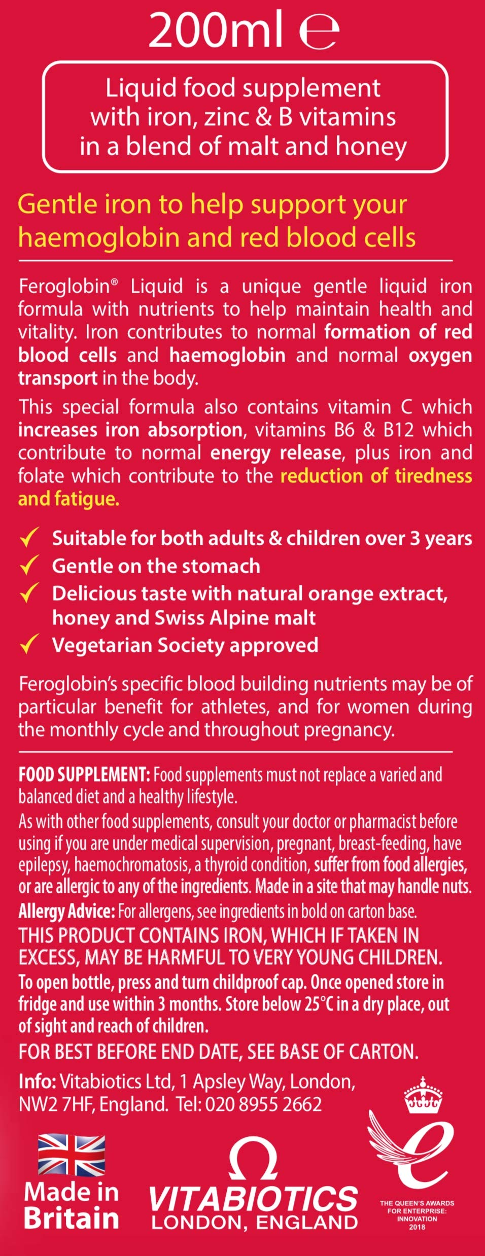 Étiquette Feroglobin sans alcool ni colorants artificiels.