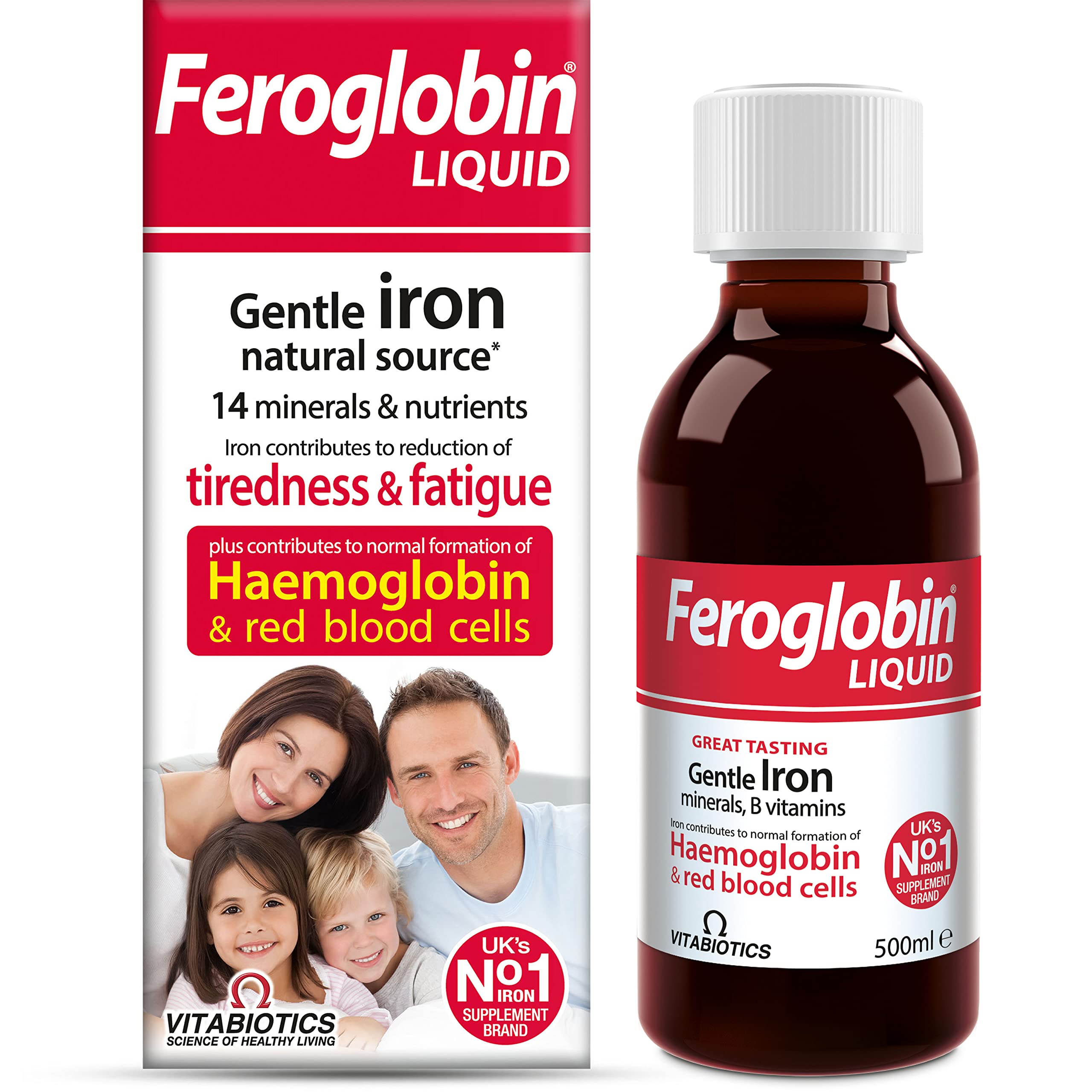 Feroglobin Liquide Bio 500 ml, bouteille arôme miel-orange pour soutenir l'énergie au quotidien.