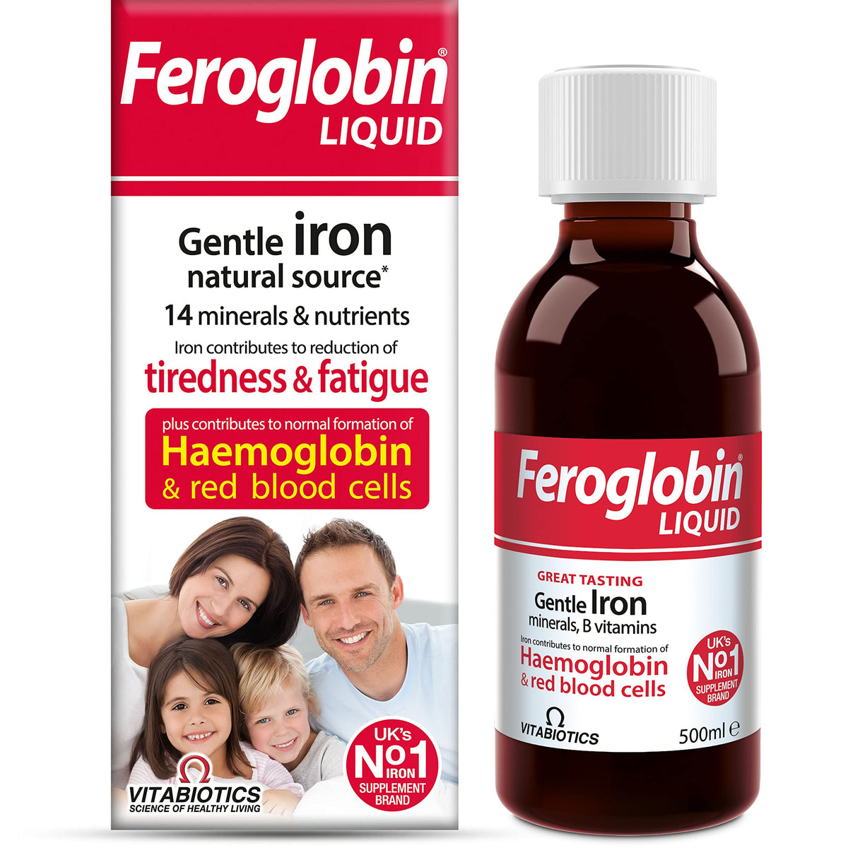 Feroglobin Liquide Bio 500 ml, bouteille arôme miel-orange pour soutenir l'énergie au quotidien.