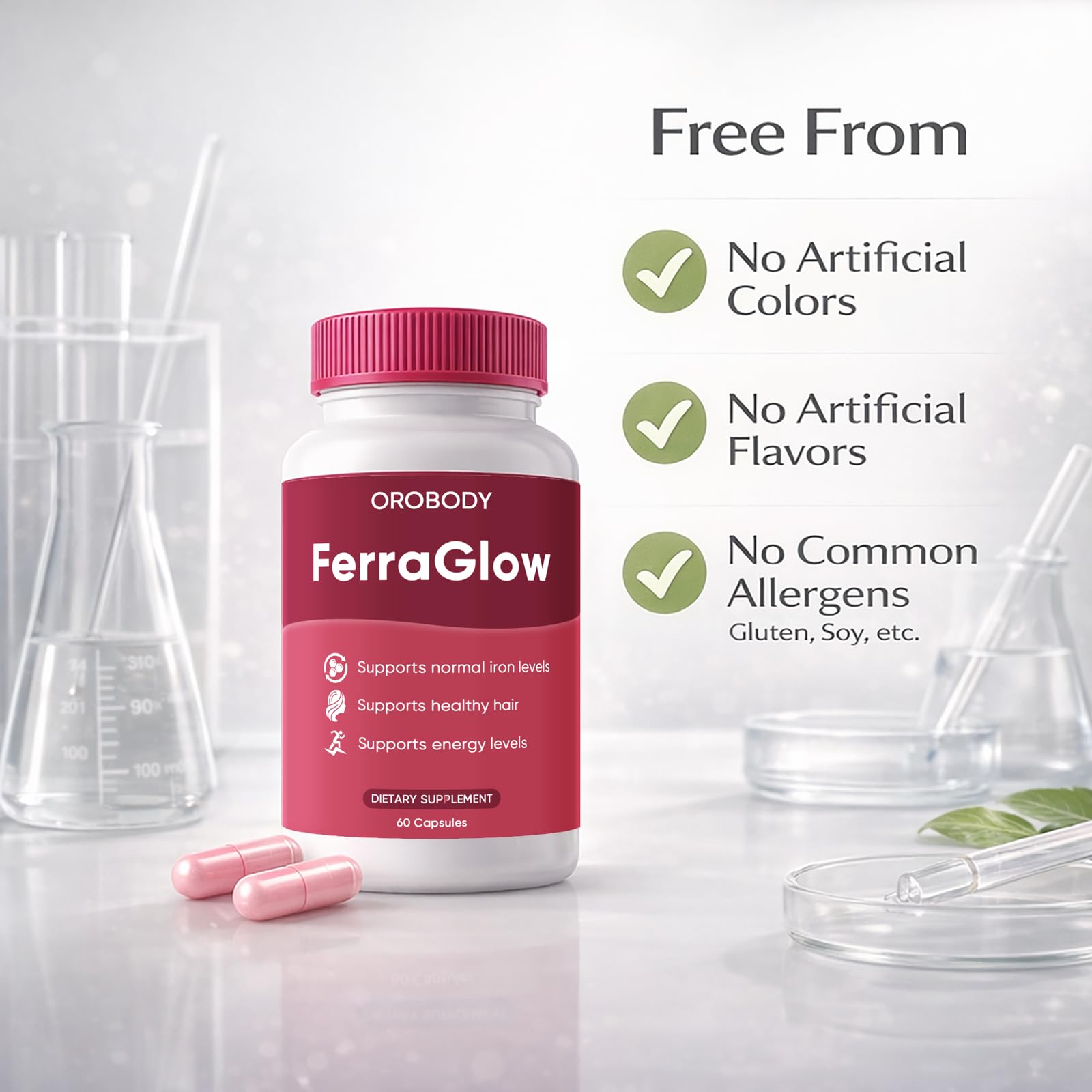 FERRAGLOW Formule douce – neutre, non constipante, capsule facile à tolérer.
