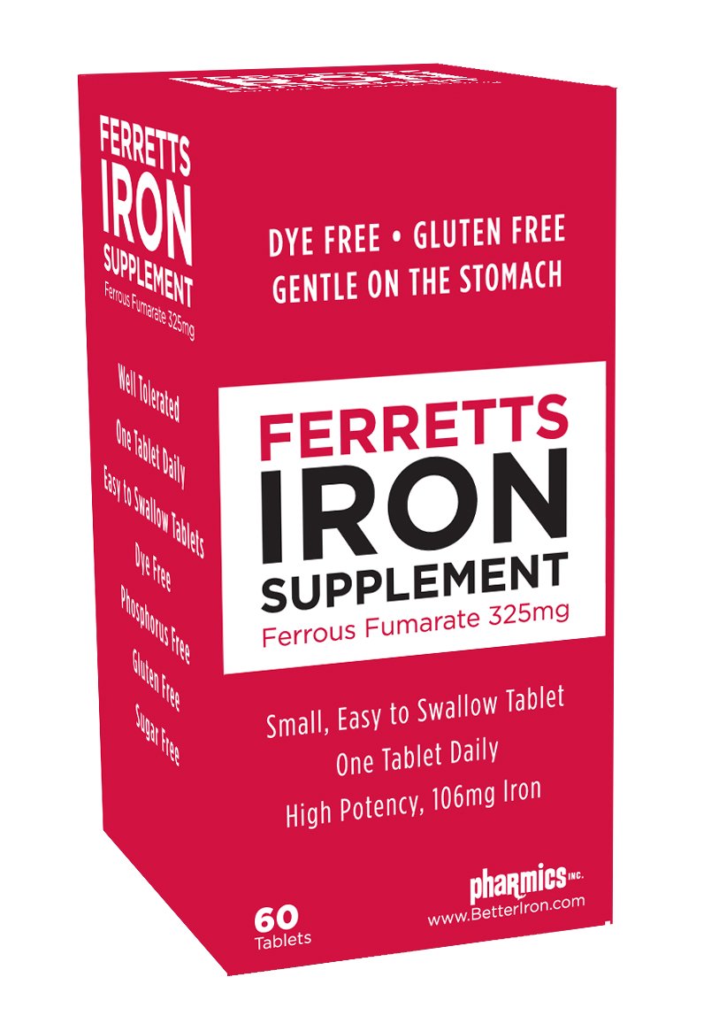 Tablettes Ferretts 106 mg visibles dans la bouteille, soutien potentiel d’énergie quotidien.