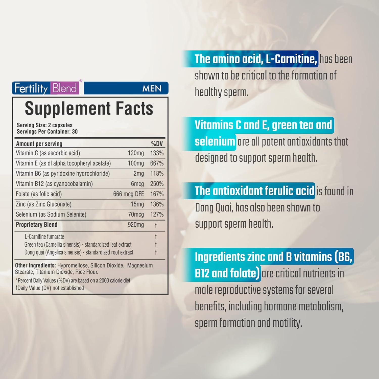 Fertility Blend: emballage et étiquette clairs pour une utilisation sécurisée et planifiée.