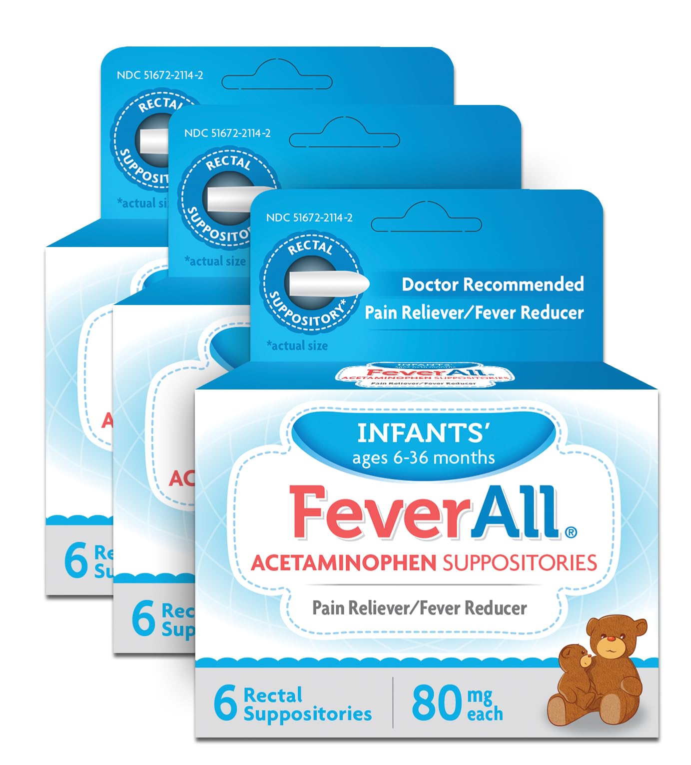 FeverAll boîte emballage montrant le pack pratique de 3 suppositoires