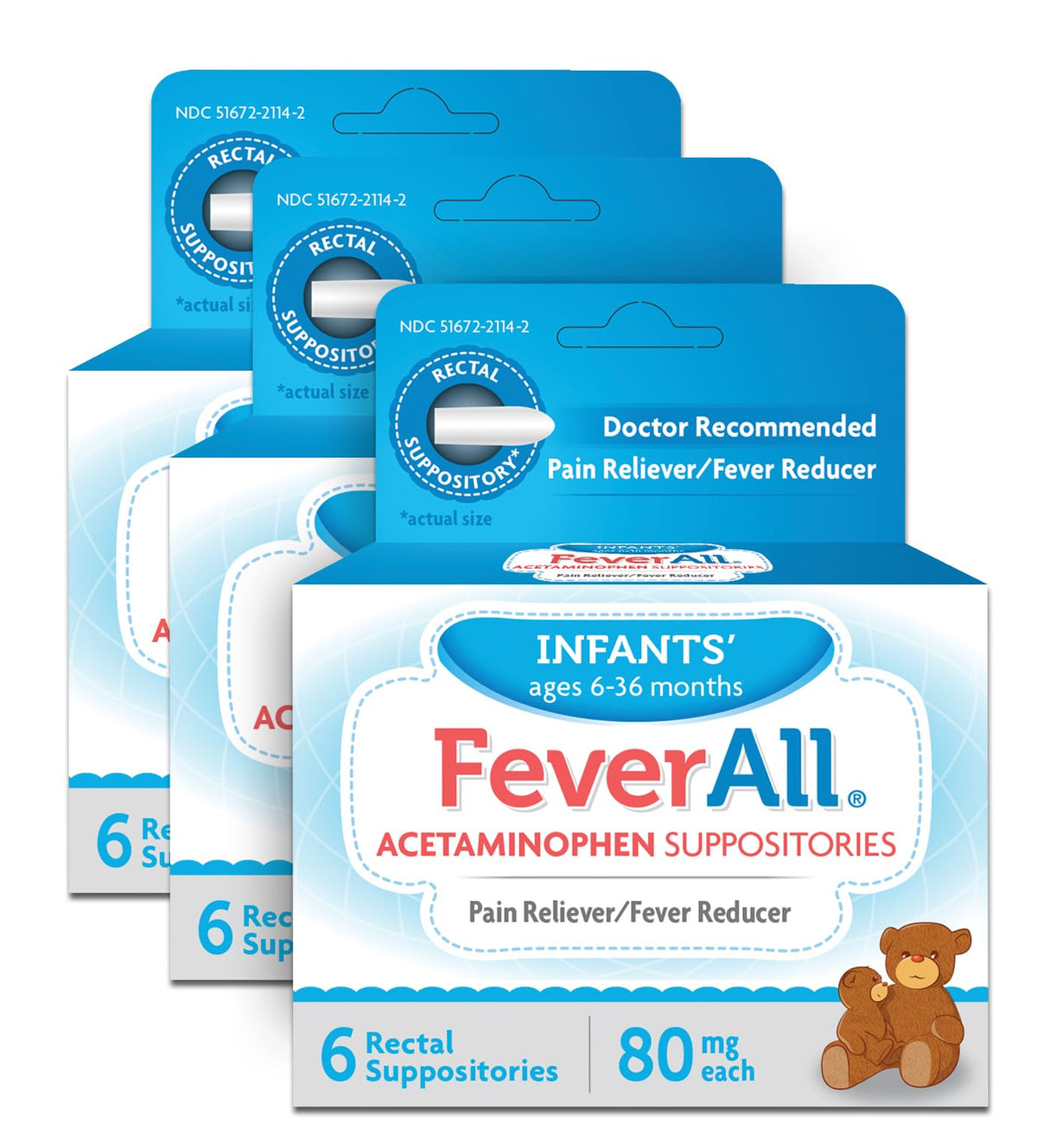 FeverAll boîte emballage montrant le pack pratique de 3 suppositoires