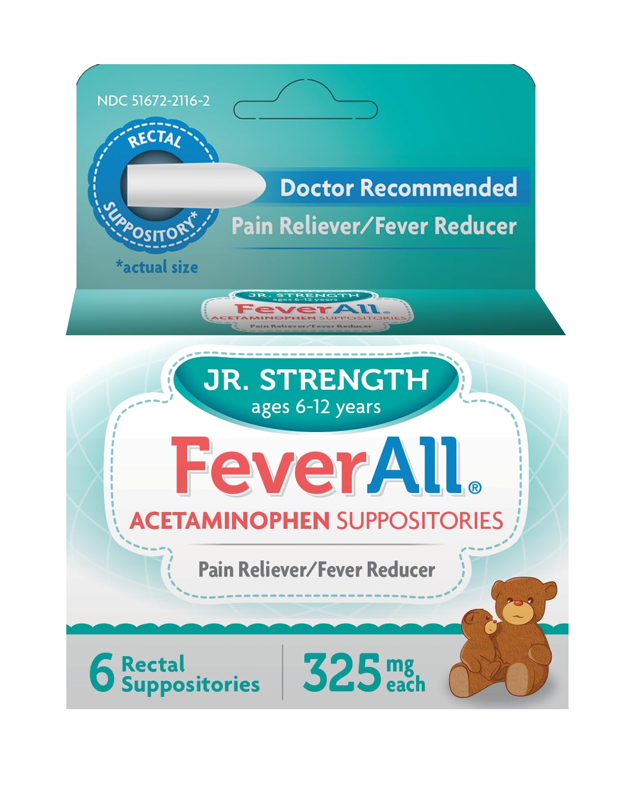 Feverall suppositoires 325 mg, six unités, usage rectal pratique pour la fièvre chez les enfants.