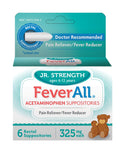 Feverall suppositoires 325 mg, six unités, usage rectal pratique pour la fièvre chez les enfants.